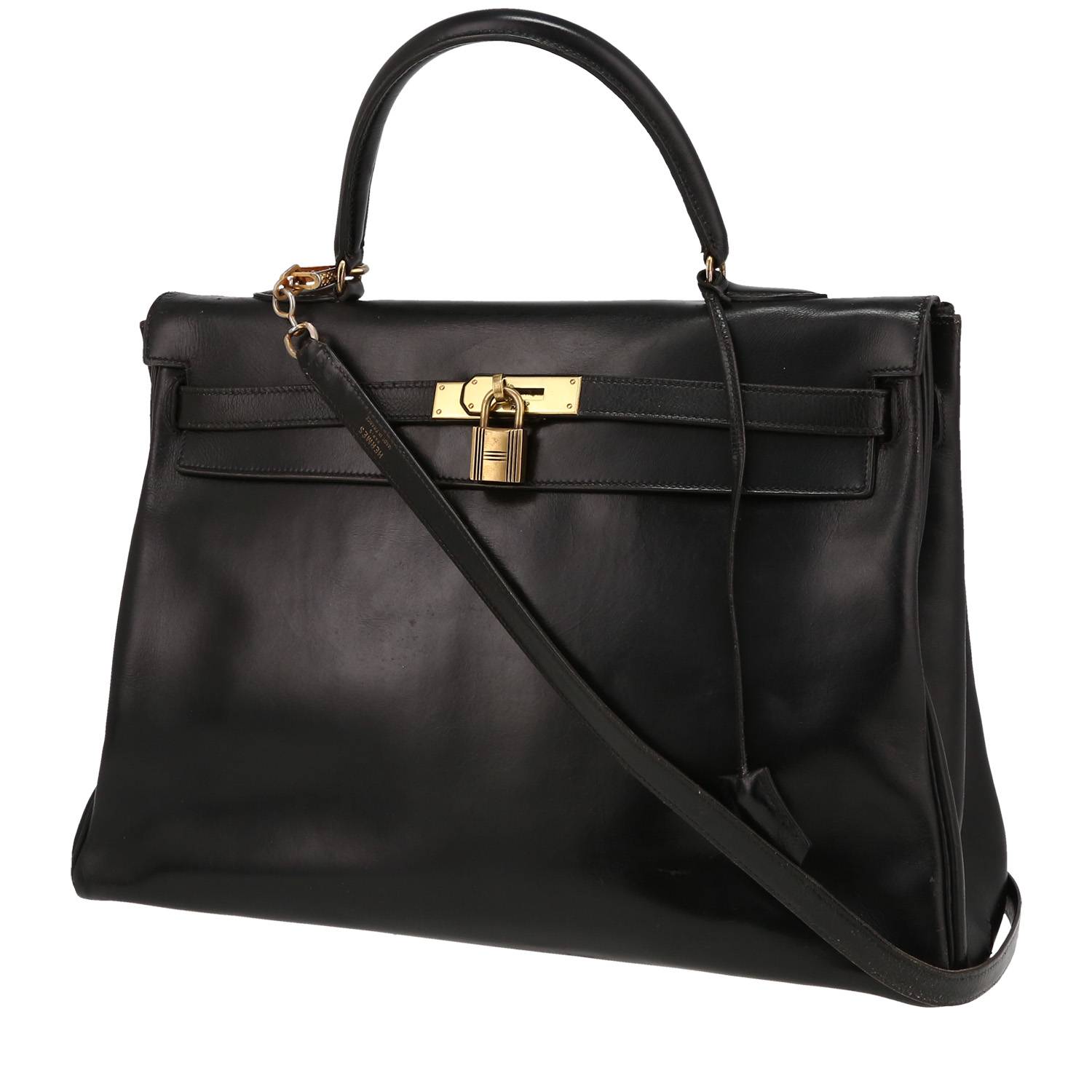 HERMES Black Box Leather Birkin 35 Handbag