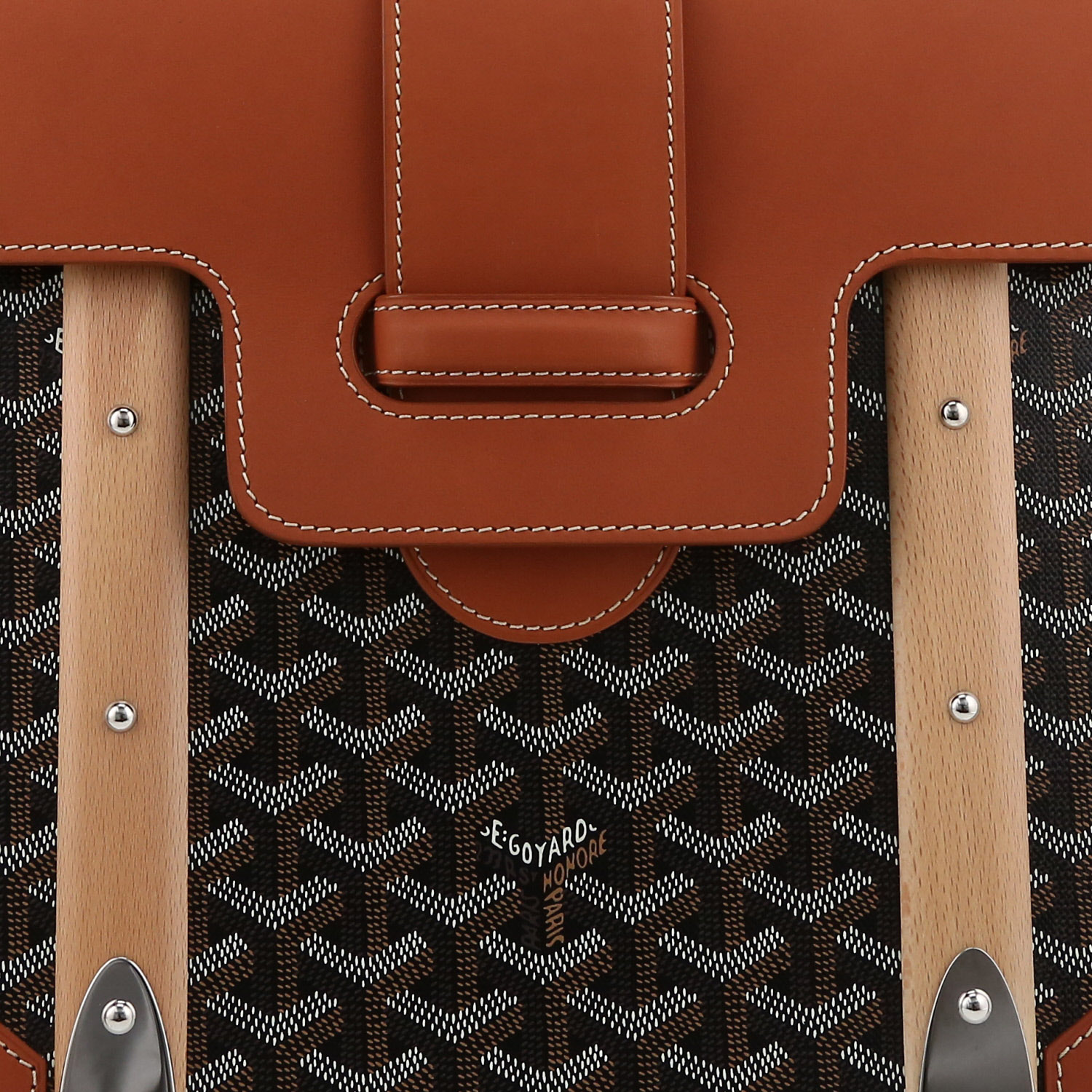 Bolso de mano Goyard Saigon en tela Goyardine negra y cuero marrón - Detail D1