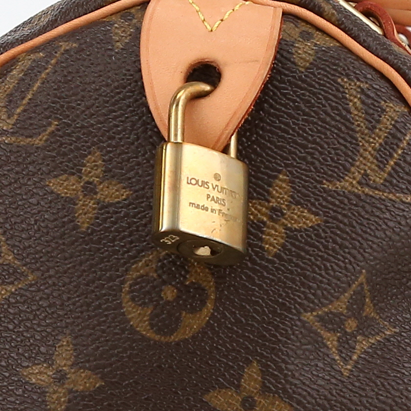 Sac à main Louis Vuitton  Speedy 30 en toile monogram marron et cuir naturel - Detail D1