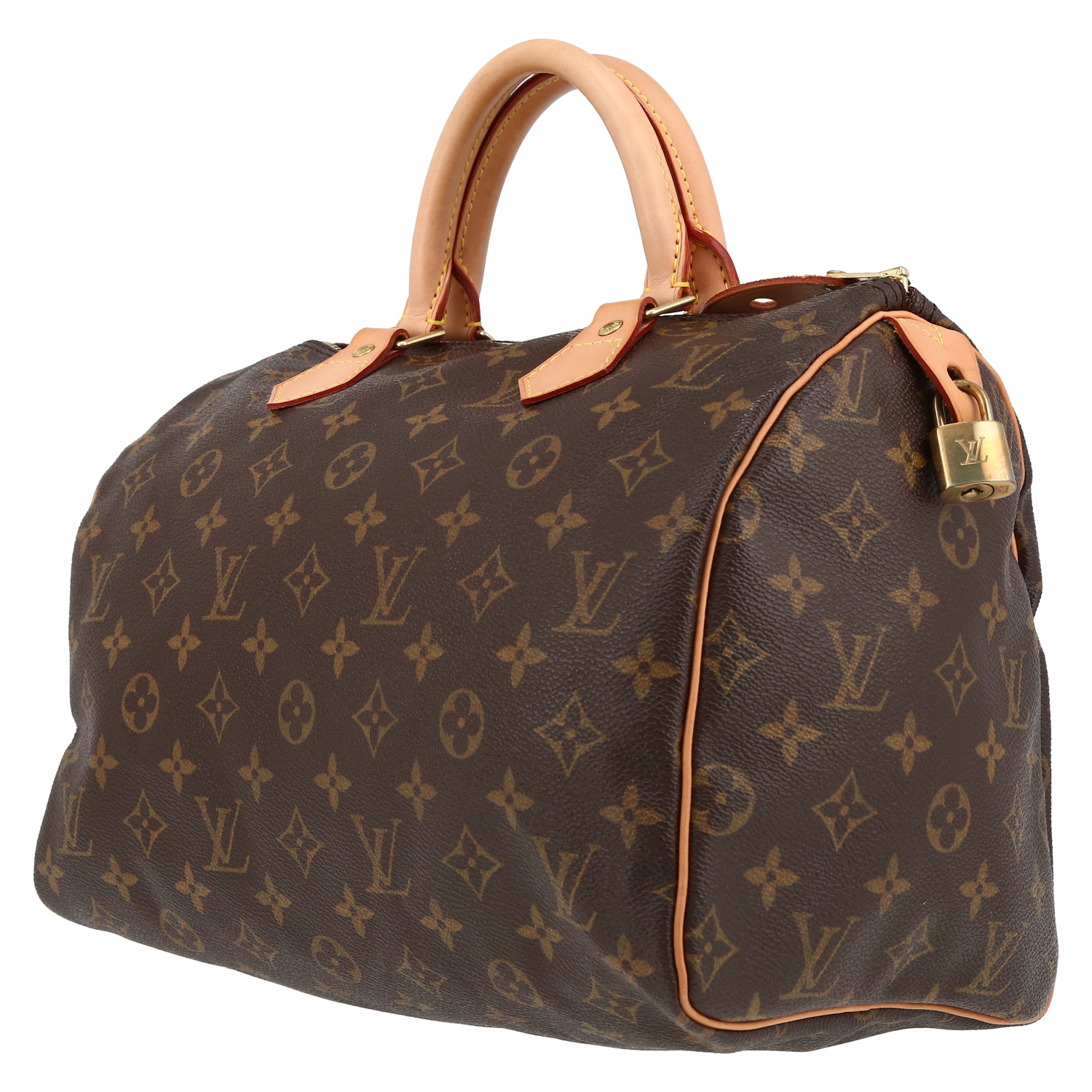 Sac à main Louis Vuitton  Speedy 30 en toile monogram marron et cuir naturel - Detail D3