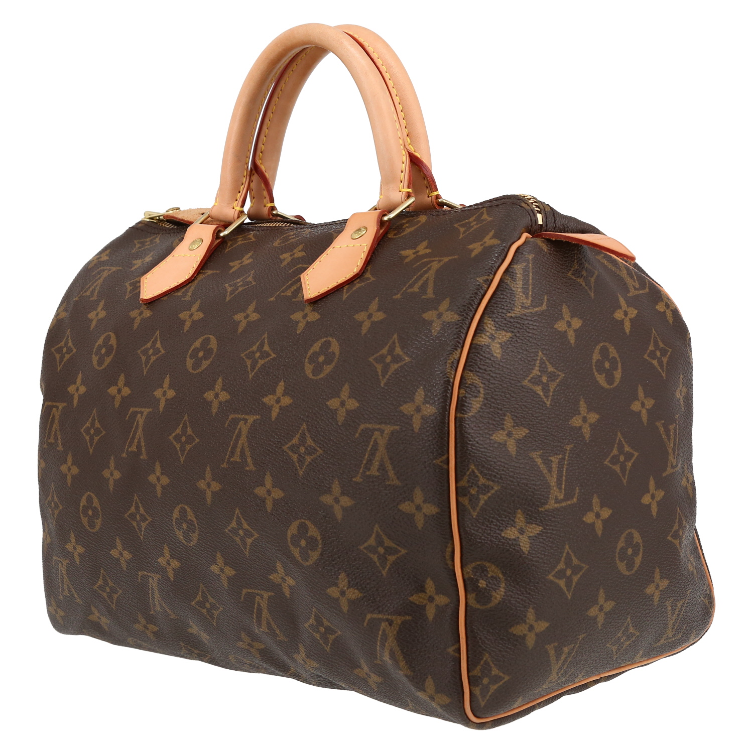 Bolso de mano Louis Vuitton  Speedy 30 en lona Monogram marrón y cuero natural - Detail D5