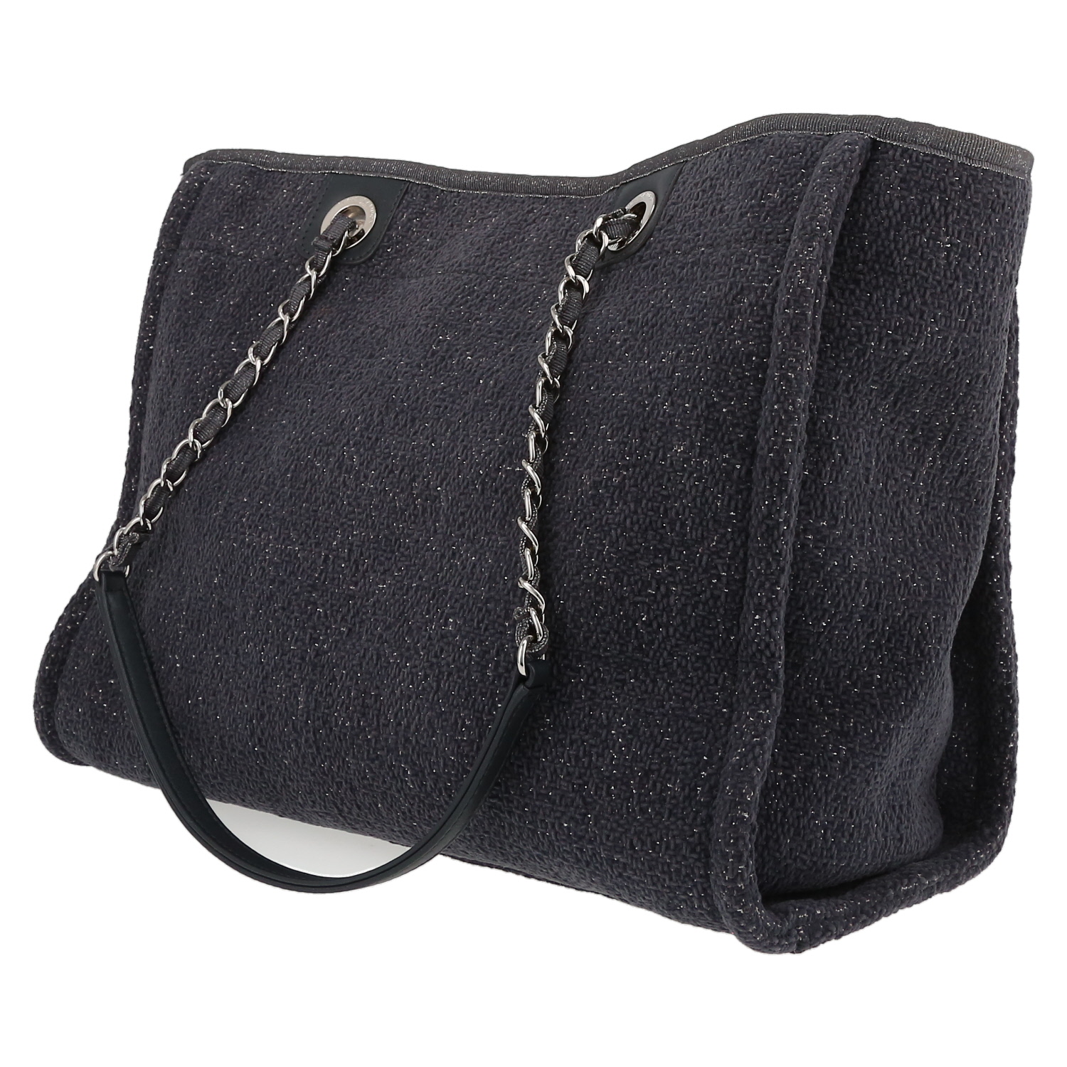 Chanel  Deauville shopping bag  in navy blue and silver tweed  and navy blue leather - Detail D5