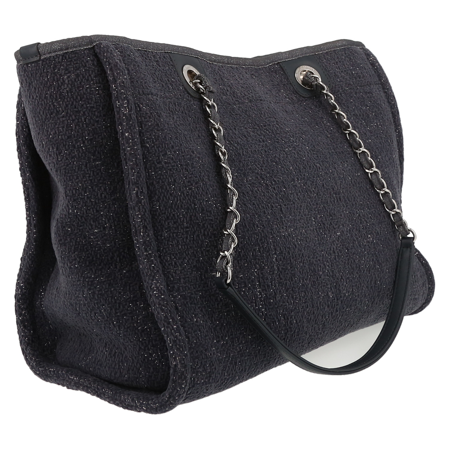 Chanel  Deauville shopping bag  in navy blue and silver tweed  and navy blue leather - Detail D6