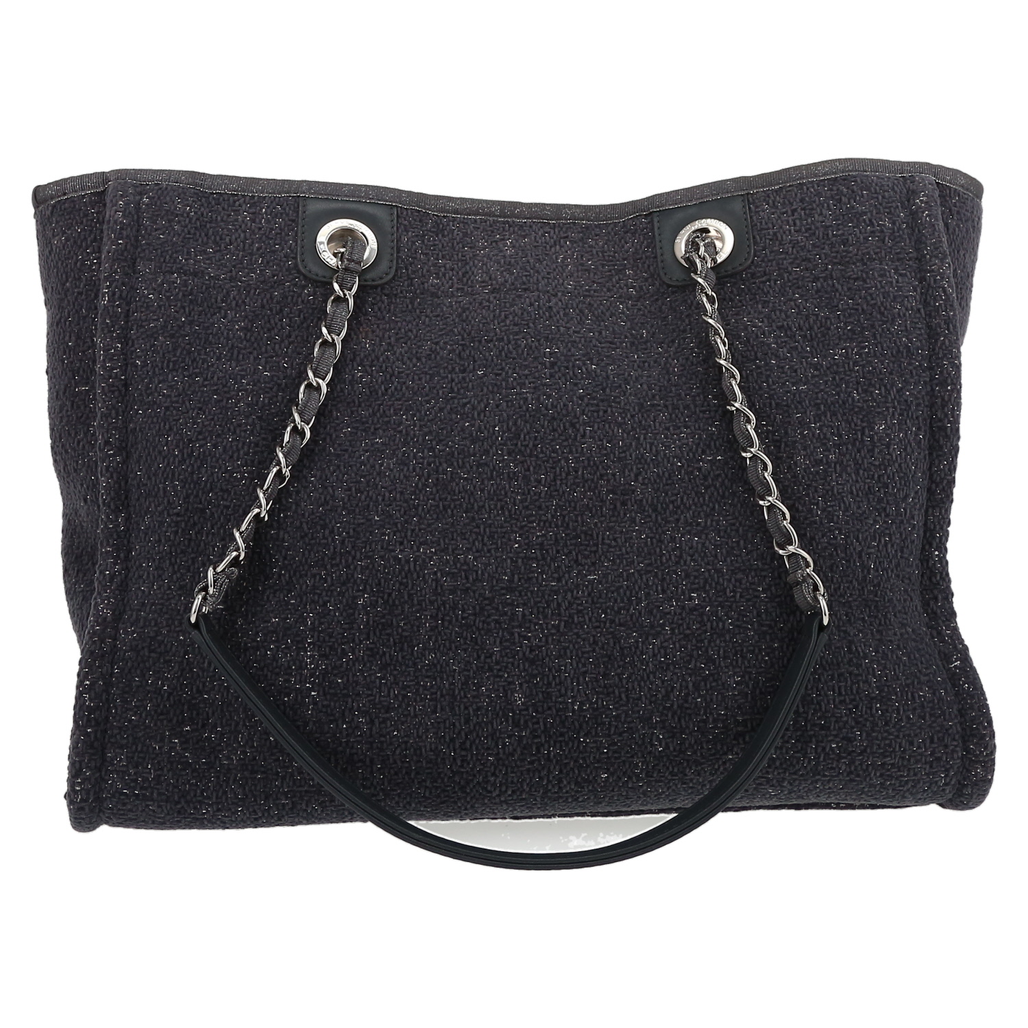 Shopping bag Chanel  Deauville in tweed blu marino e argentato e pelle blu marino - Detail D7
