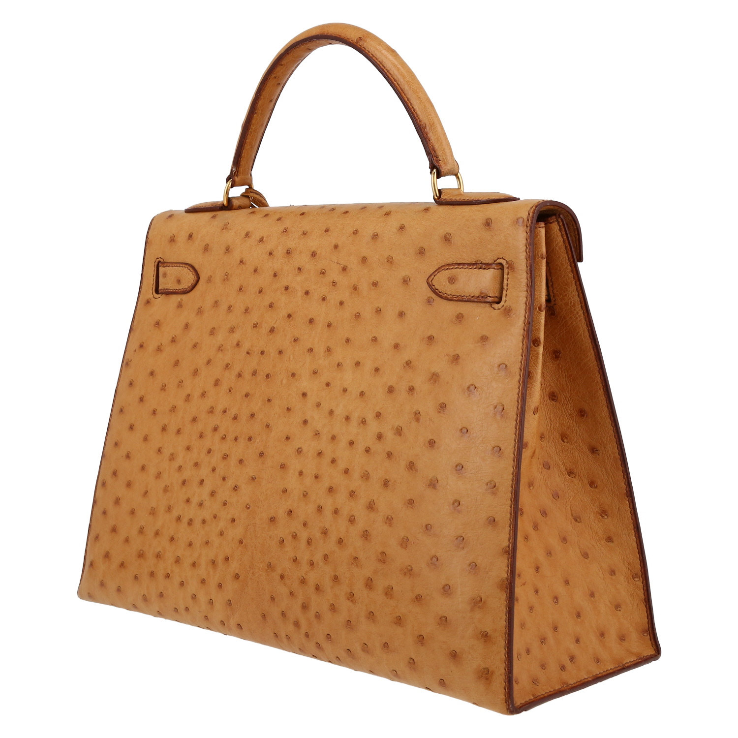 Bolso de mano Hermès  Kelly 32 cm en avestruz color oro - Detail D5