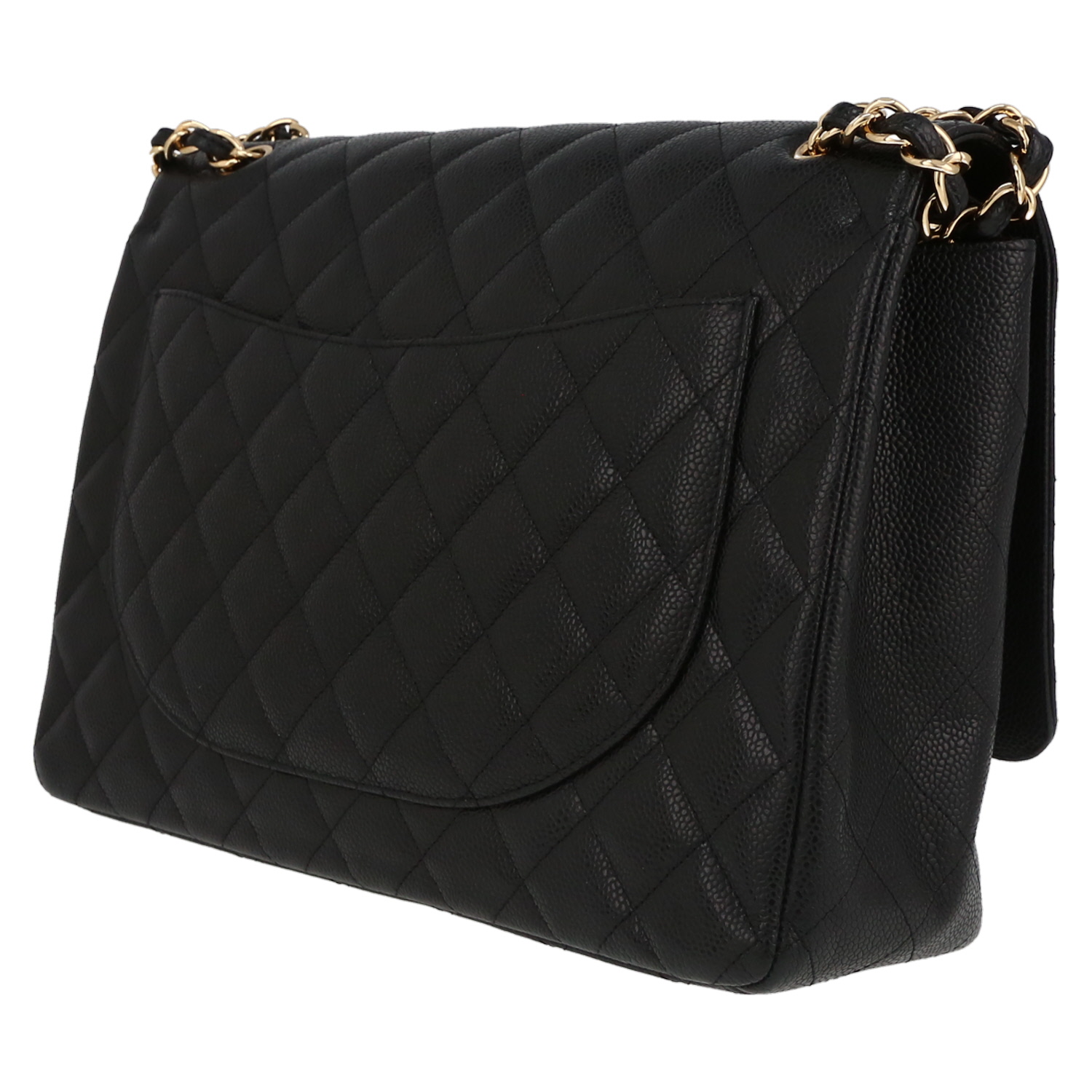 Chanel  Timeless Maxi Jumbo shoulder bag  in black quilted grained leather - Detail D5