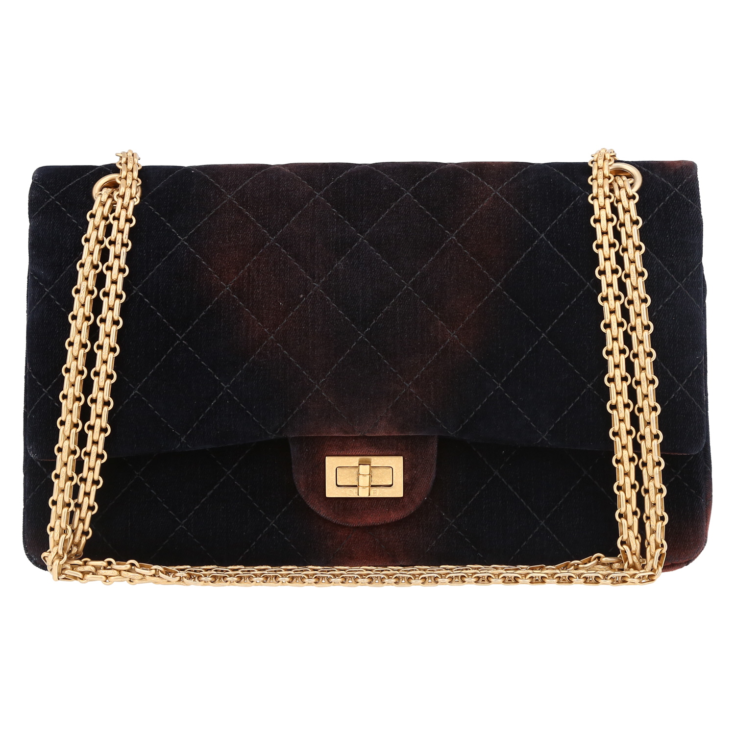 Sac bandoulière Chanel  Chanel 2.55 en velours bleu-marine et marron - Detail D2