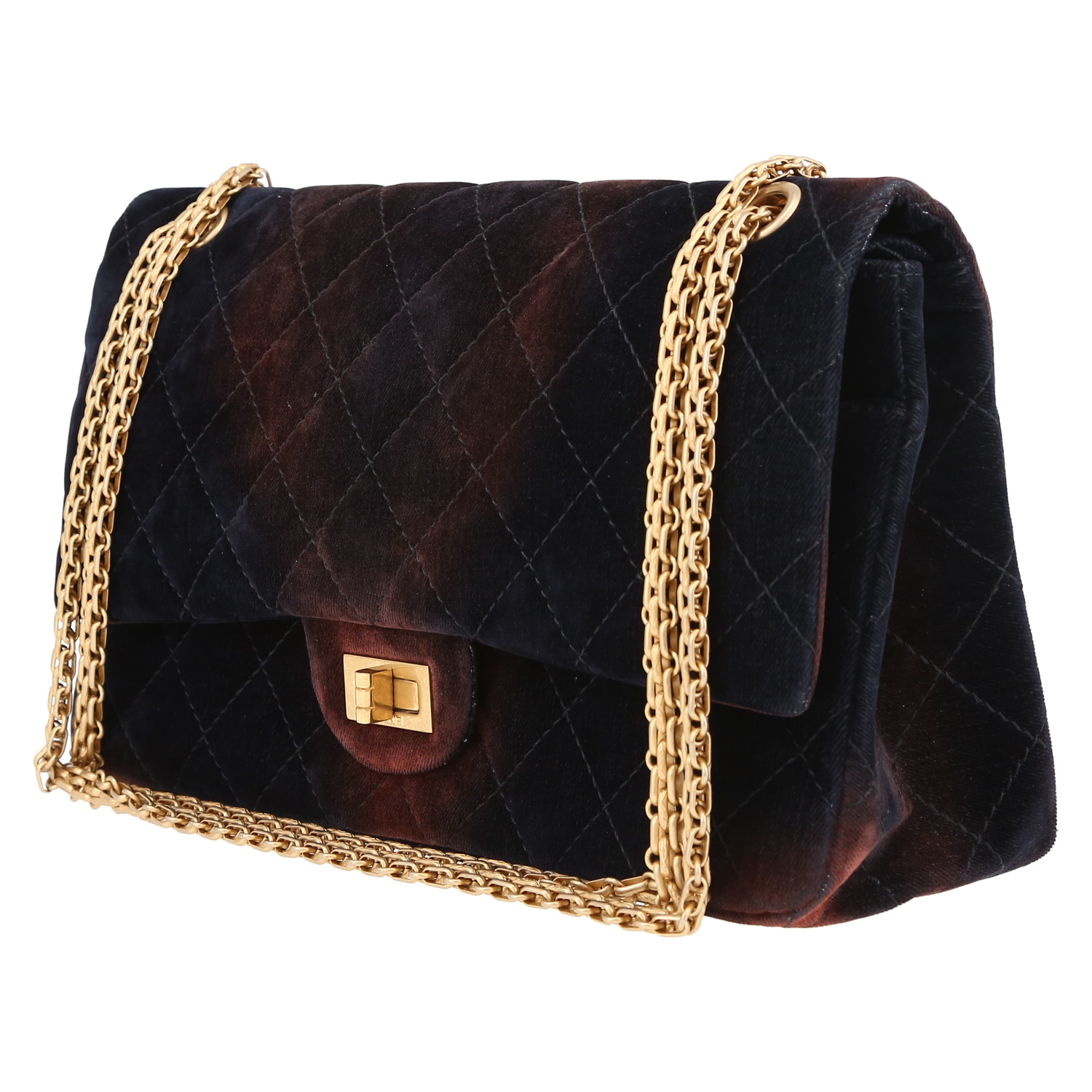 Sac bandoulière Chanel  Chanel 2.55 en velours bleu-marine et marron - Detail D3