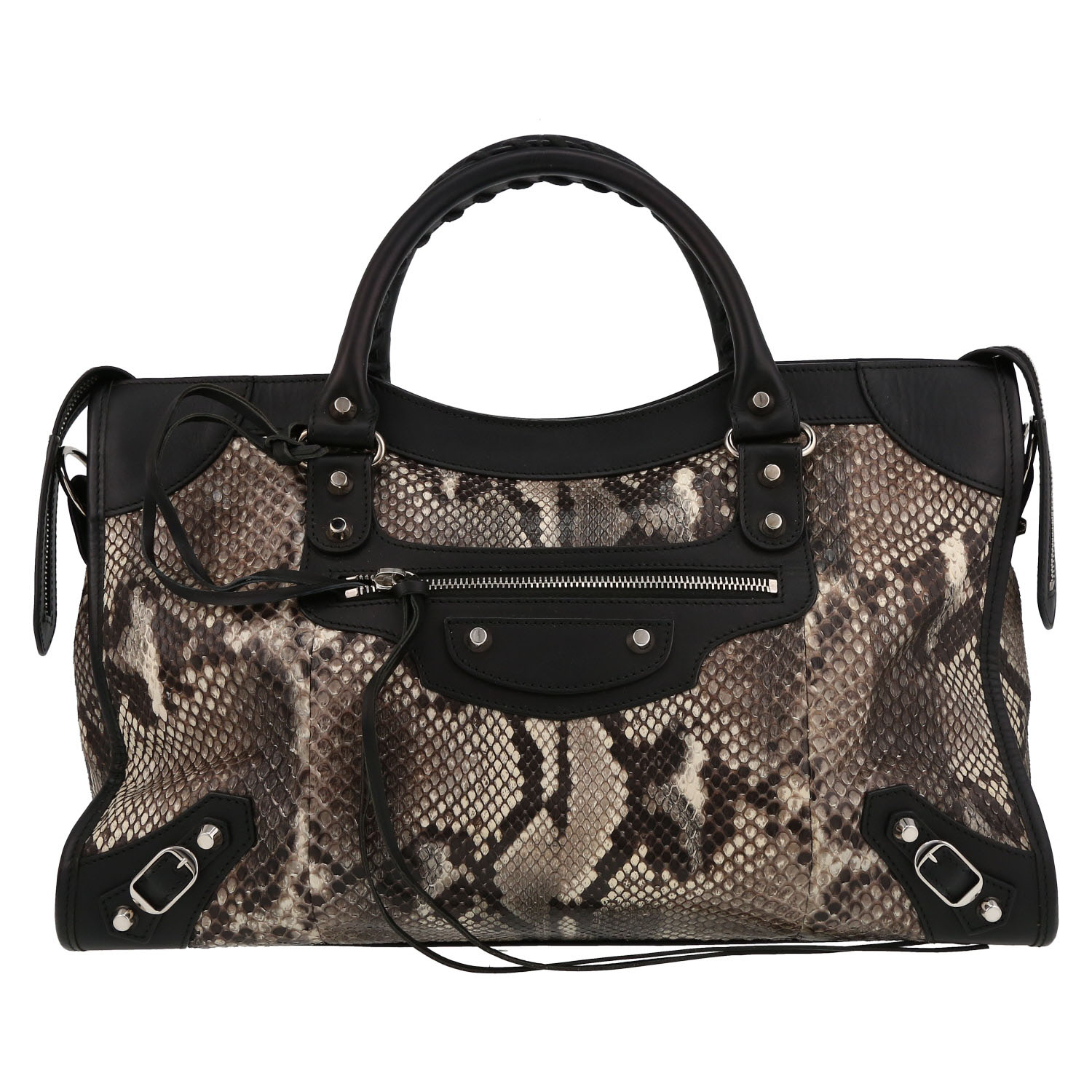 Bolso de mano Balenciaga  City en cuero negro y piel de pitón beige - Detail D2