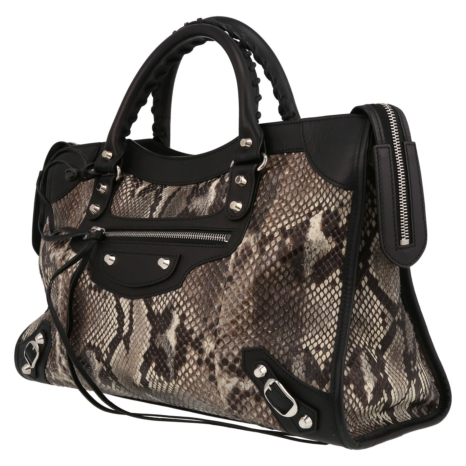 Sac à main Balenciaga  City en cuir noir et python beige - Detail D3