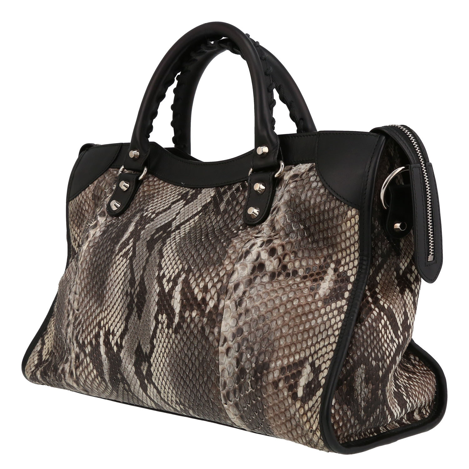 Balenciaga  City handbag  in black leather  and beige python - Detail D5