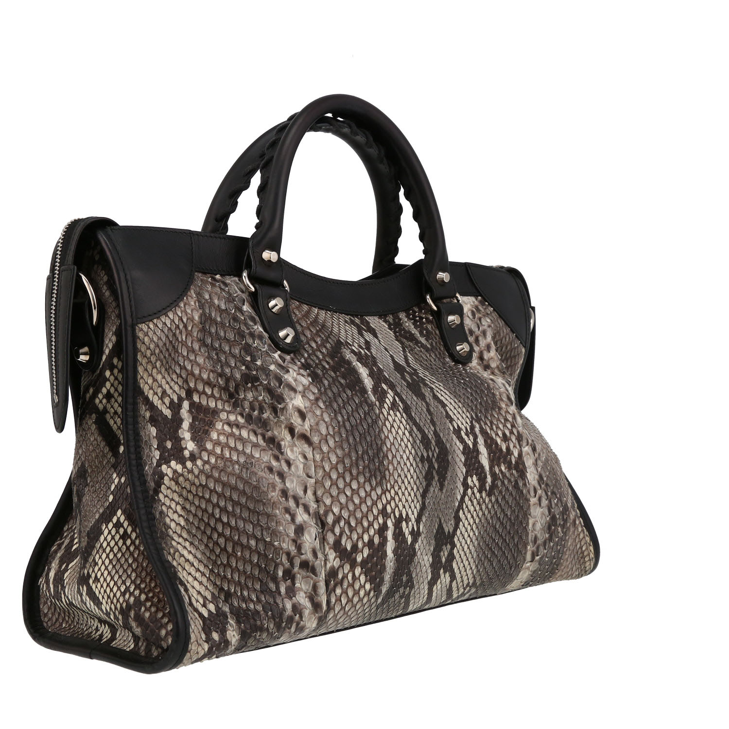 Borsa Balenciaga  City in pelle nera e pitone beige - Detail D6