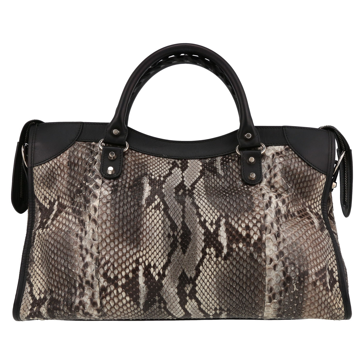 Balenciaga  City handbag  in black leather  and beige python - Detail D7