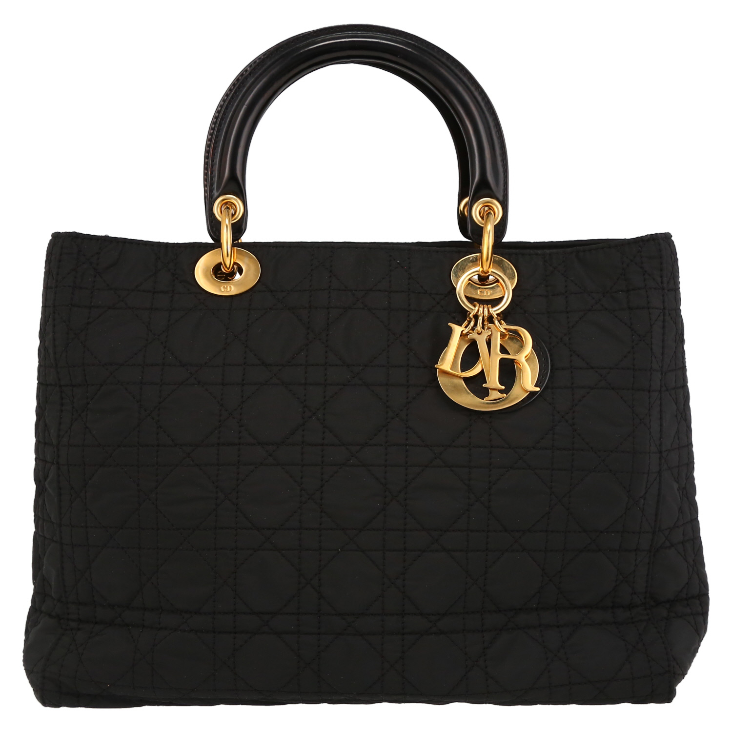 Bolso de mano Dior  Lady Dior en lona cannage negra y charol negro - Detail D2