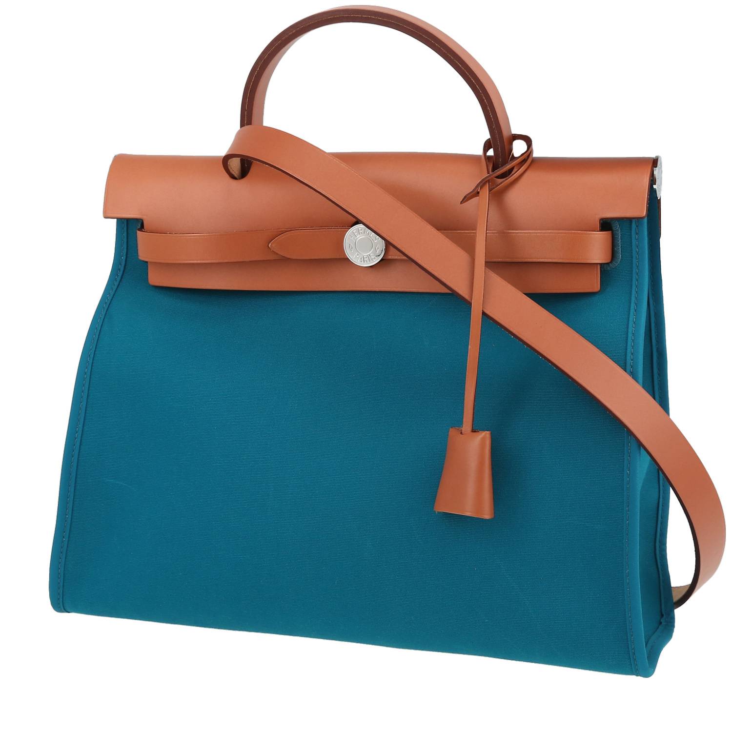 Herbag Handbag In Blue Canvas And Natural Cowhide