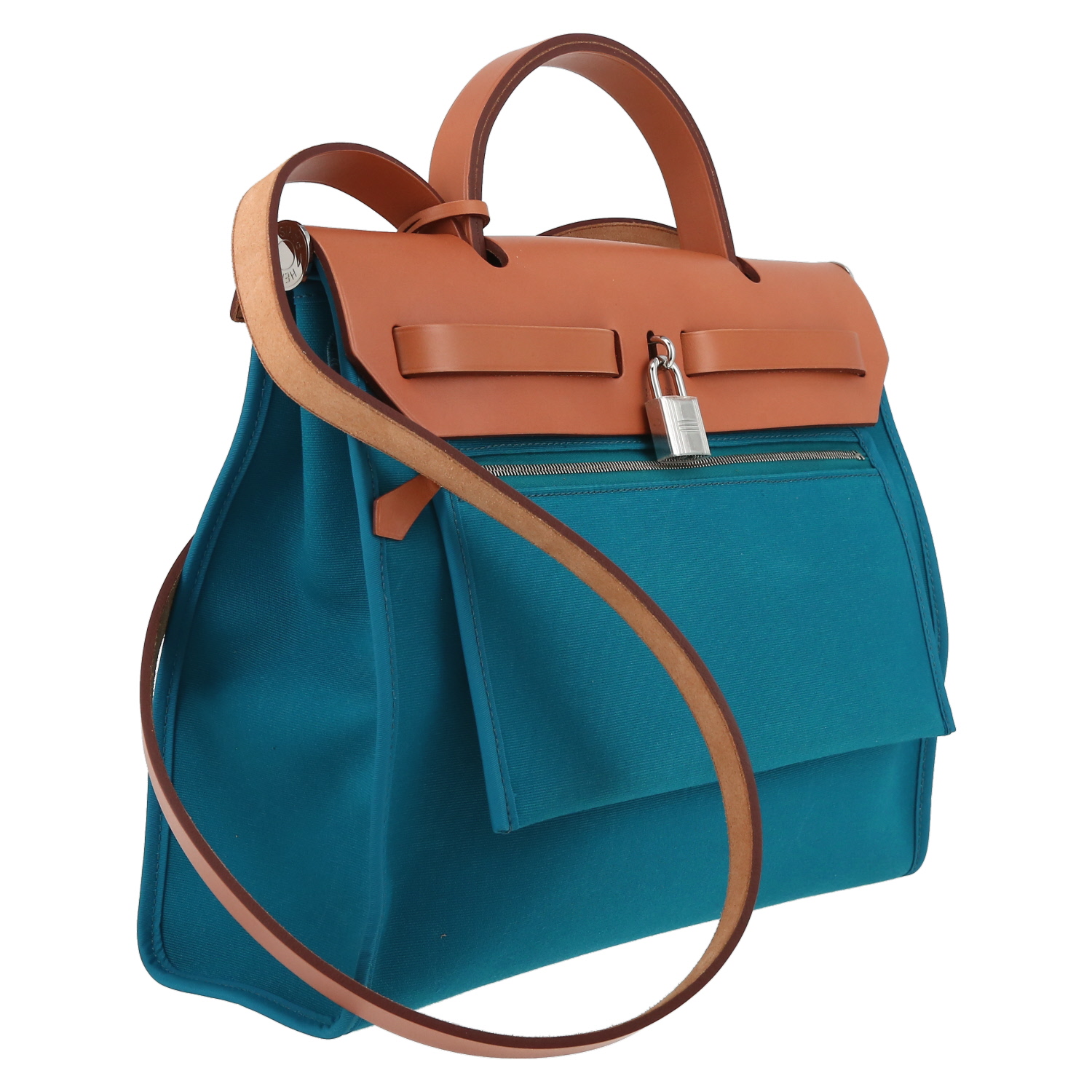 Bolso de mano Hermès  Herbag en lona azul y vaca Hunter natural - Detail D6