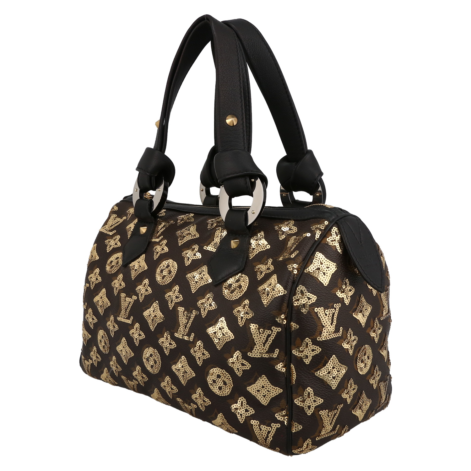Bolso de mano Louis Vuitton   en lona Monogram marrón y lentejuelas doradas - Detail D3