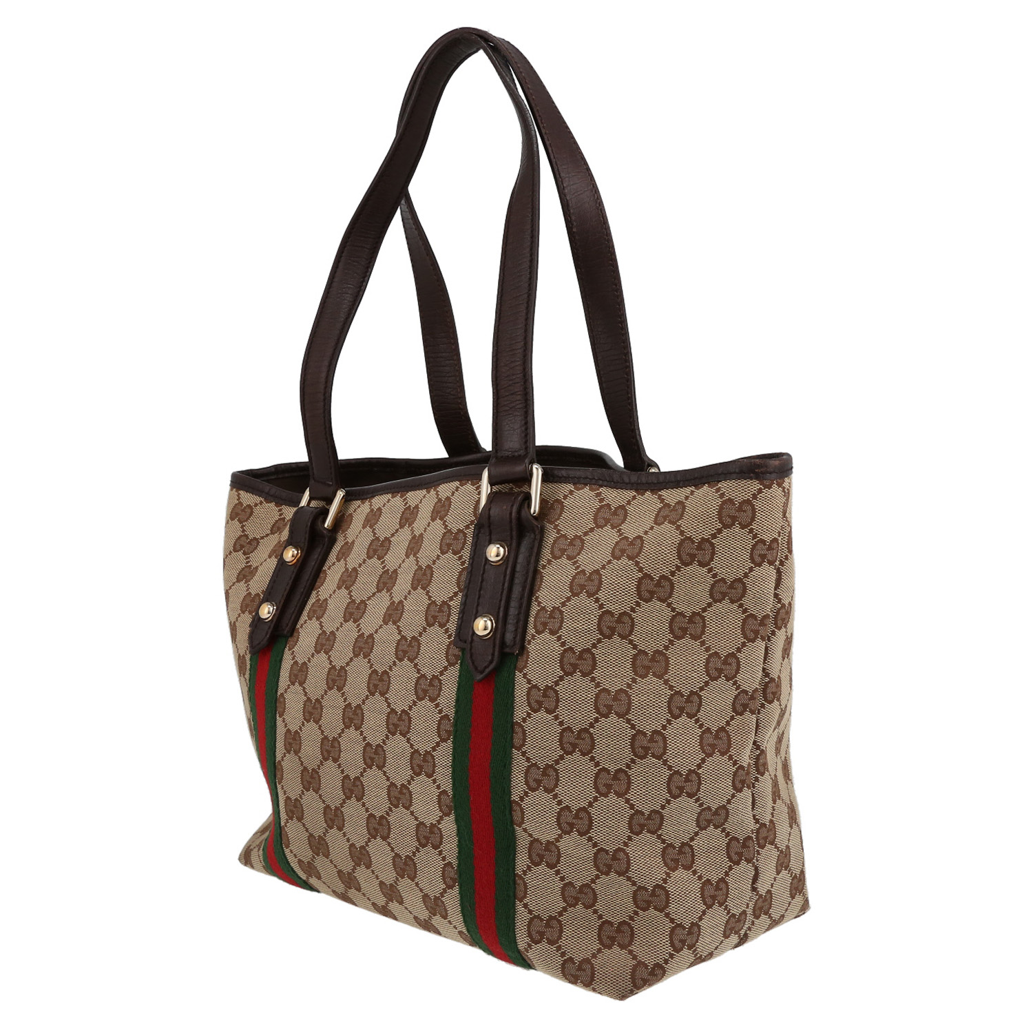Gucci   shopping bag  in beige monogram canvas  and brown leather - Detail D5