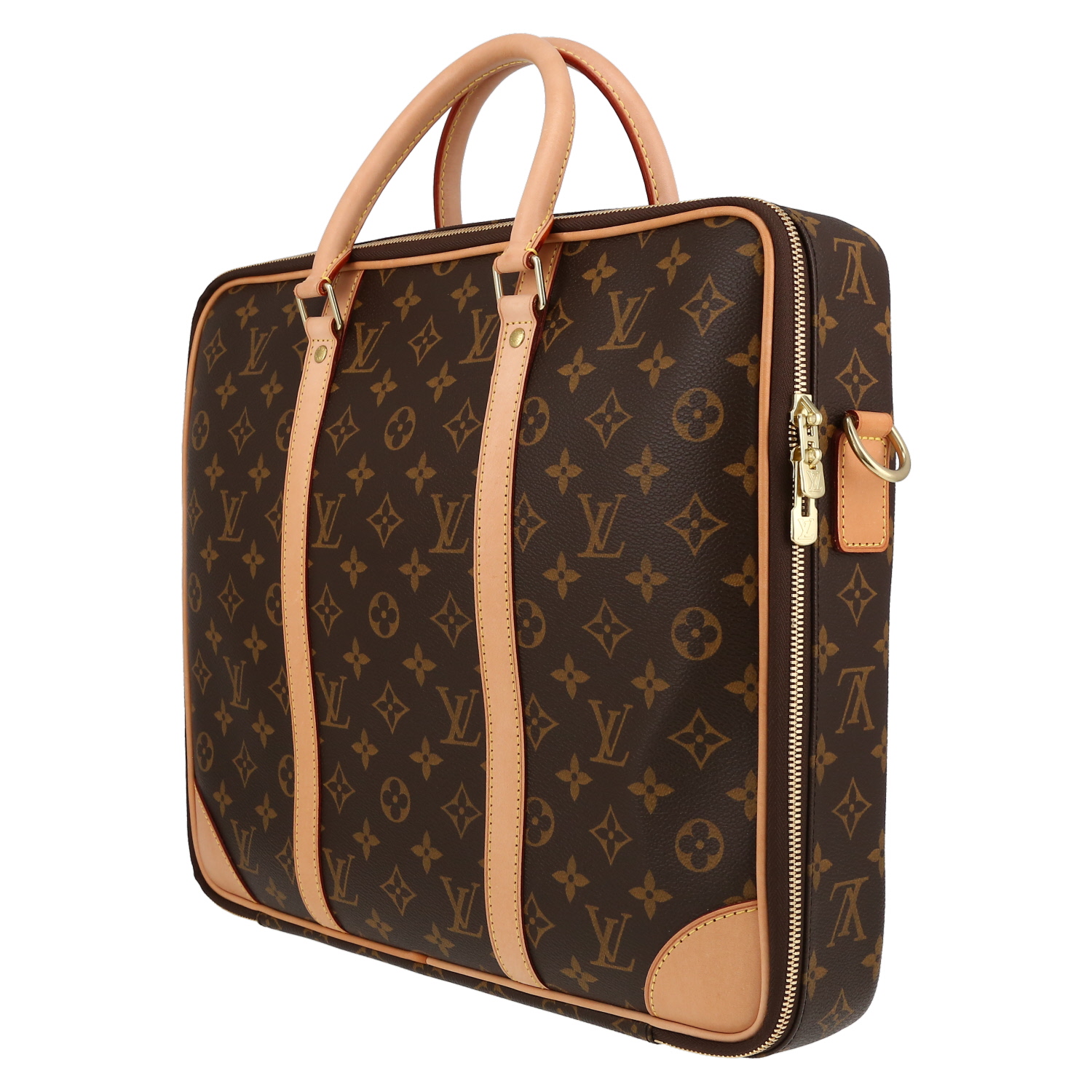 Louis Vuitton  Porte documents Voyage briefcase  in brown monogram canvas  and natural leather - Detail D3