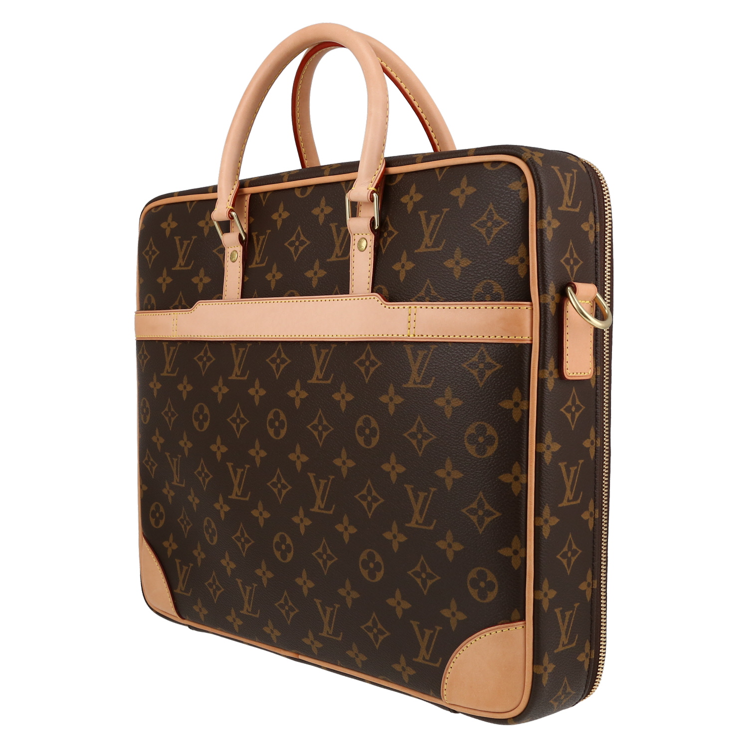 Louis Vuitton  Porte documents Voyage briefcase  in brown monogram canvas  and natural leather - Detail D5