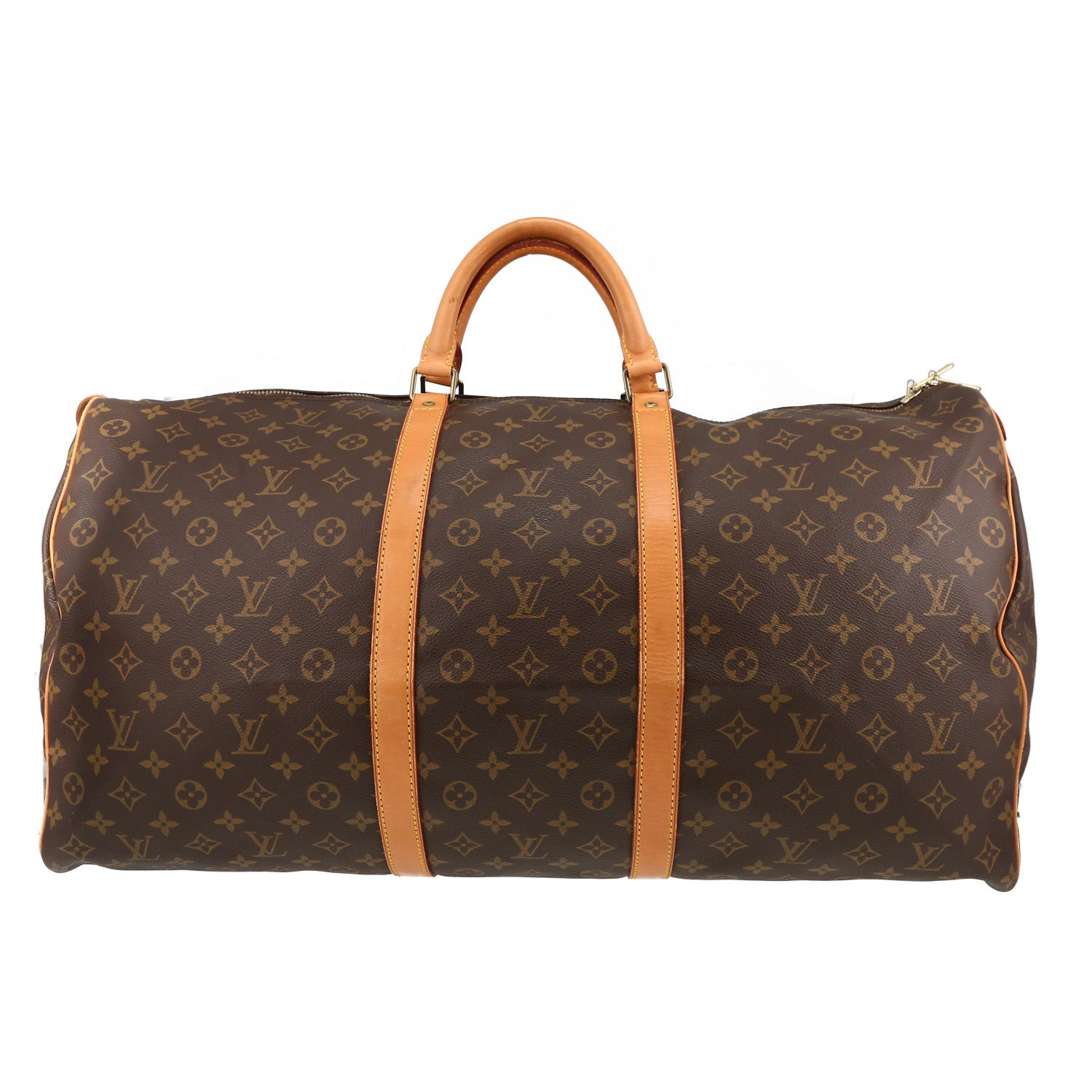 Sac de voyage Louis Vuitton  Keepall 60 en toile monogram marron et cuir naturel - Detail D2