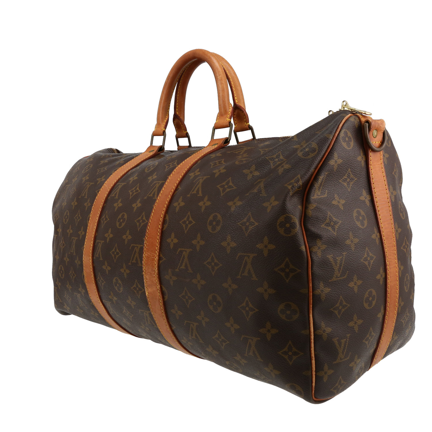 Bolsa de viaje Louis Vuitton  Keepall 50 en lona Monogram marrón y cuero natural - Detail D5