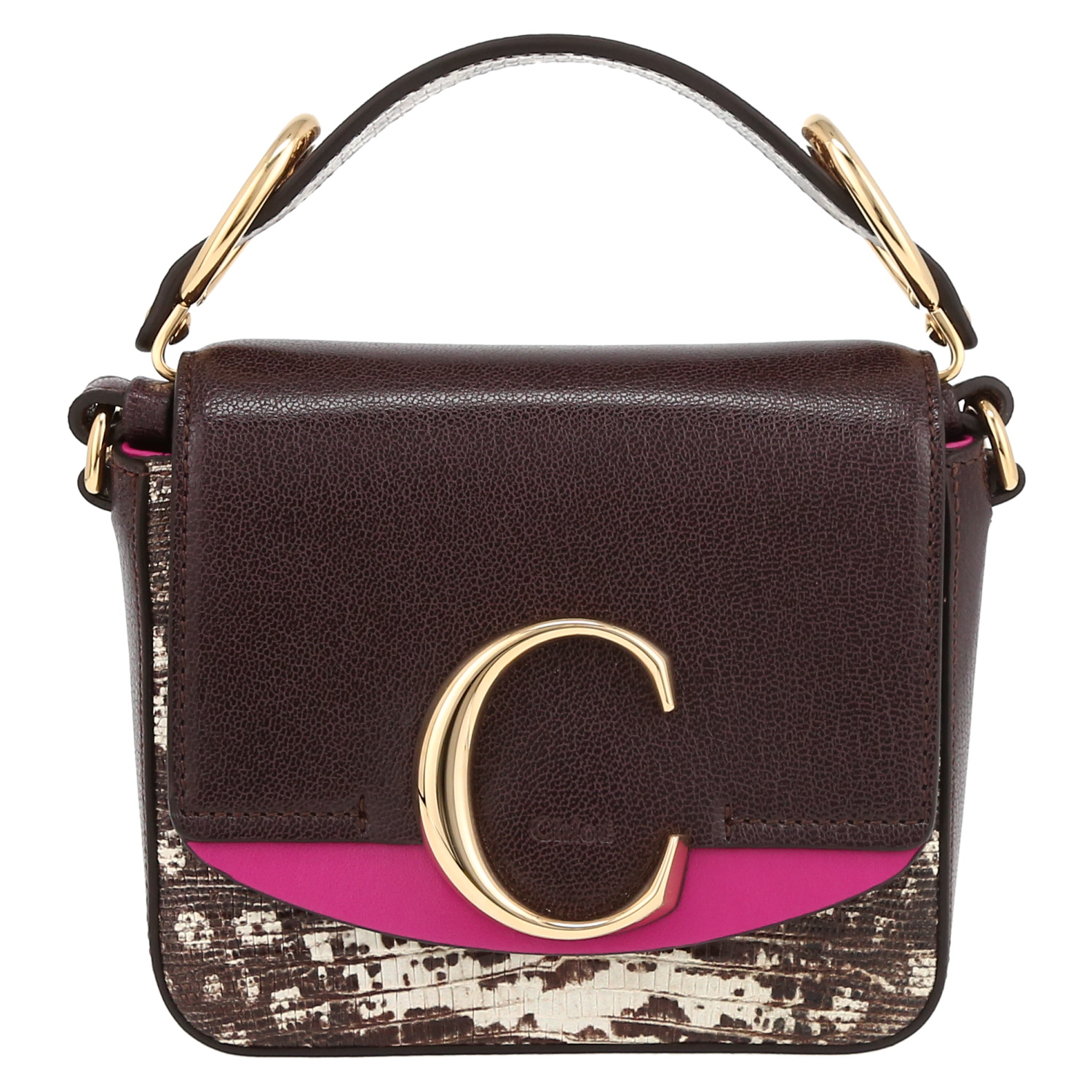 Borsa a tracolla Chloé C mini in pelle martellata viola Raisin beige e rosa - Detail D2