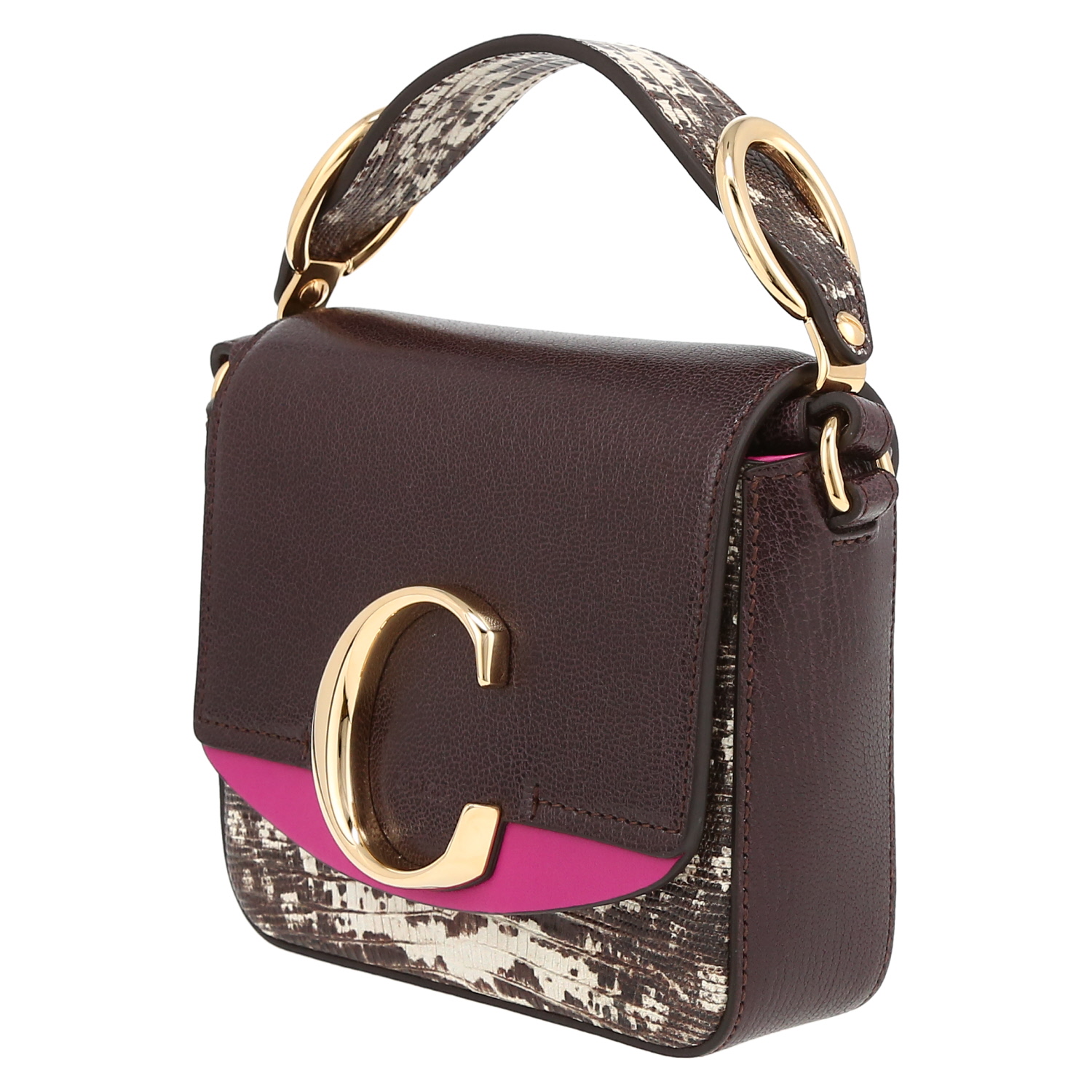 Borsa a tracolla Chloé C mini in pelle martellata viola Raisin beige e rosa - Detail D3