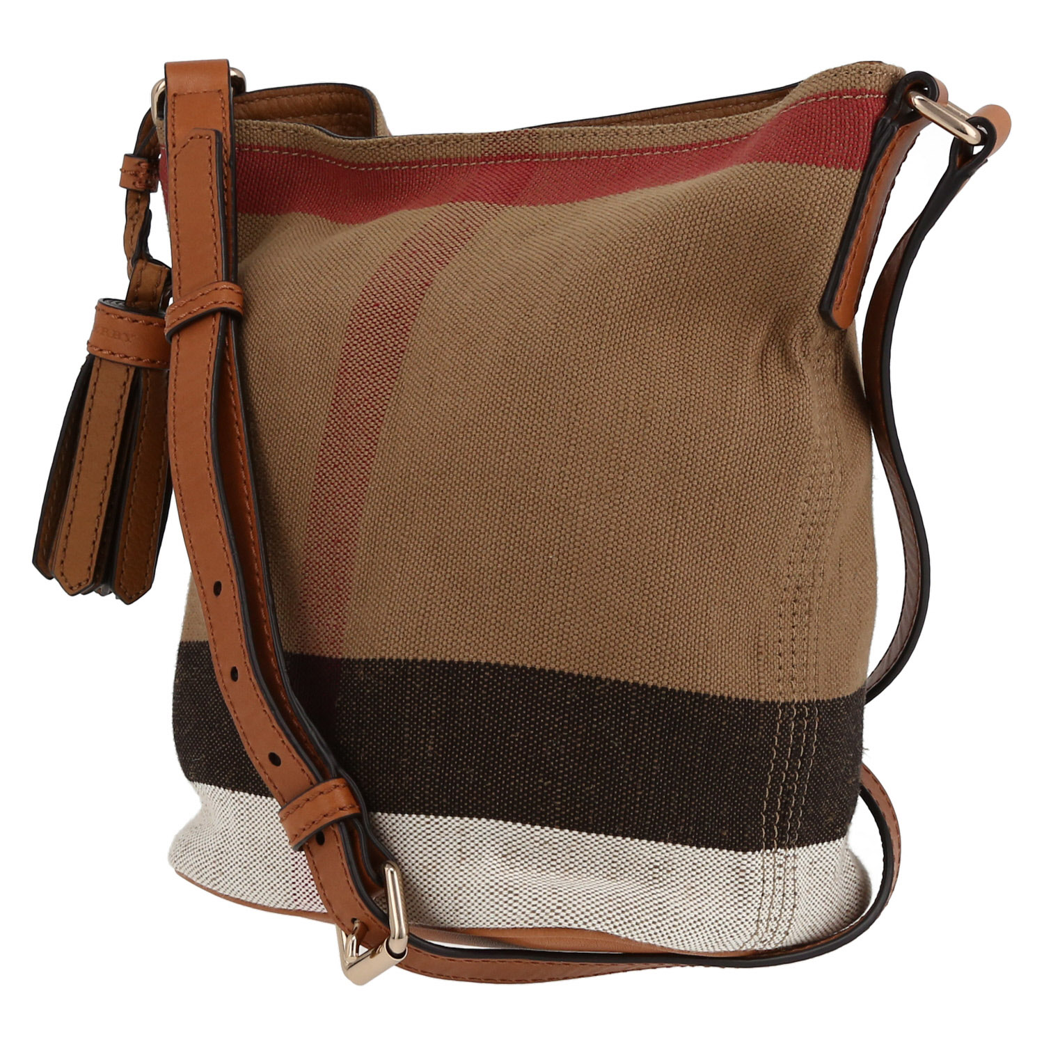 Burberry  Ashby shoulder bag  in beige, black, white and red canvas  and brown leather - Detail D3