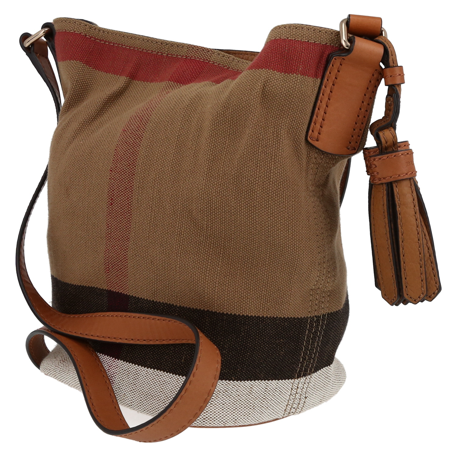 Burberry  Ashby shoulder bag  in beige, black, white and red canvas  and brown leather - Detail D5