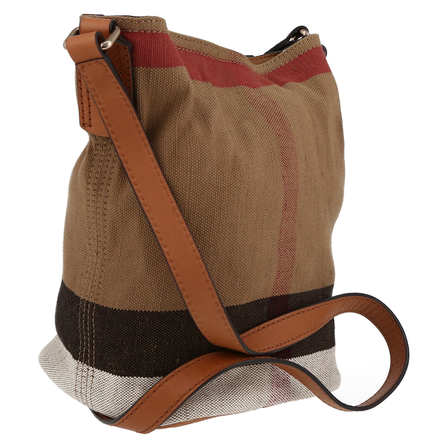 Borsa a tracolla Burberry  Ashby in tela beige, nera bianca e rossa e pelle marrone - Detail D6