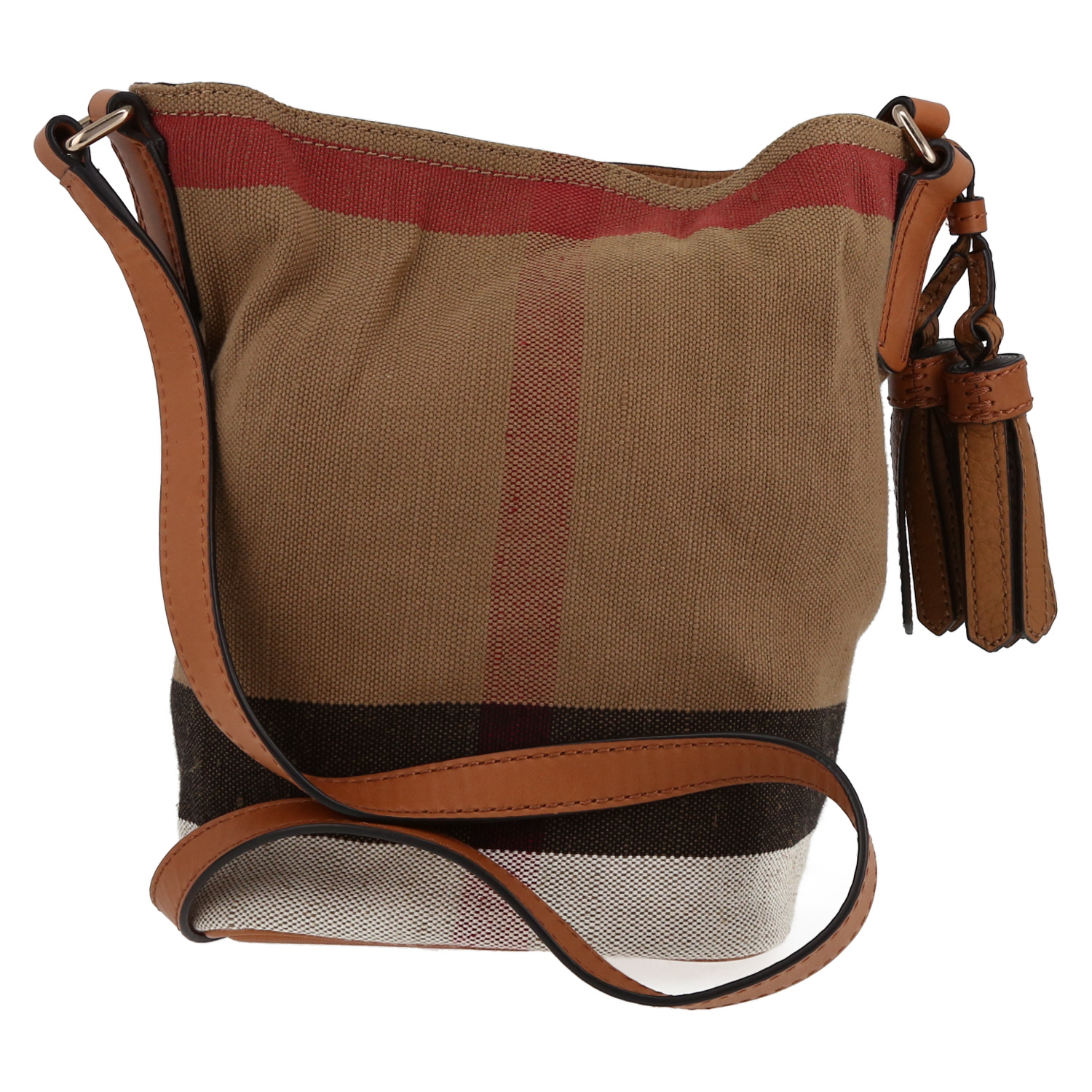 Borsa a tracolla Burberry  Ashby in tela beige, nera bianca e rossa e pelle marrone - Detail D7