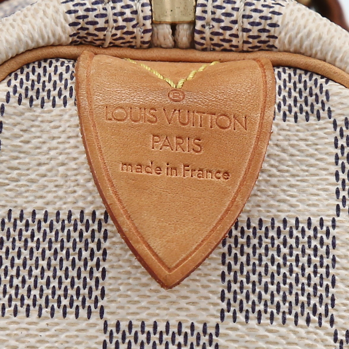 Louis Vuitton  Speedy 30 handbag  in azur damier canvas  and natural leather - Detail D2
