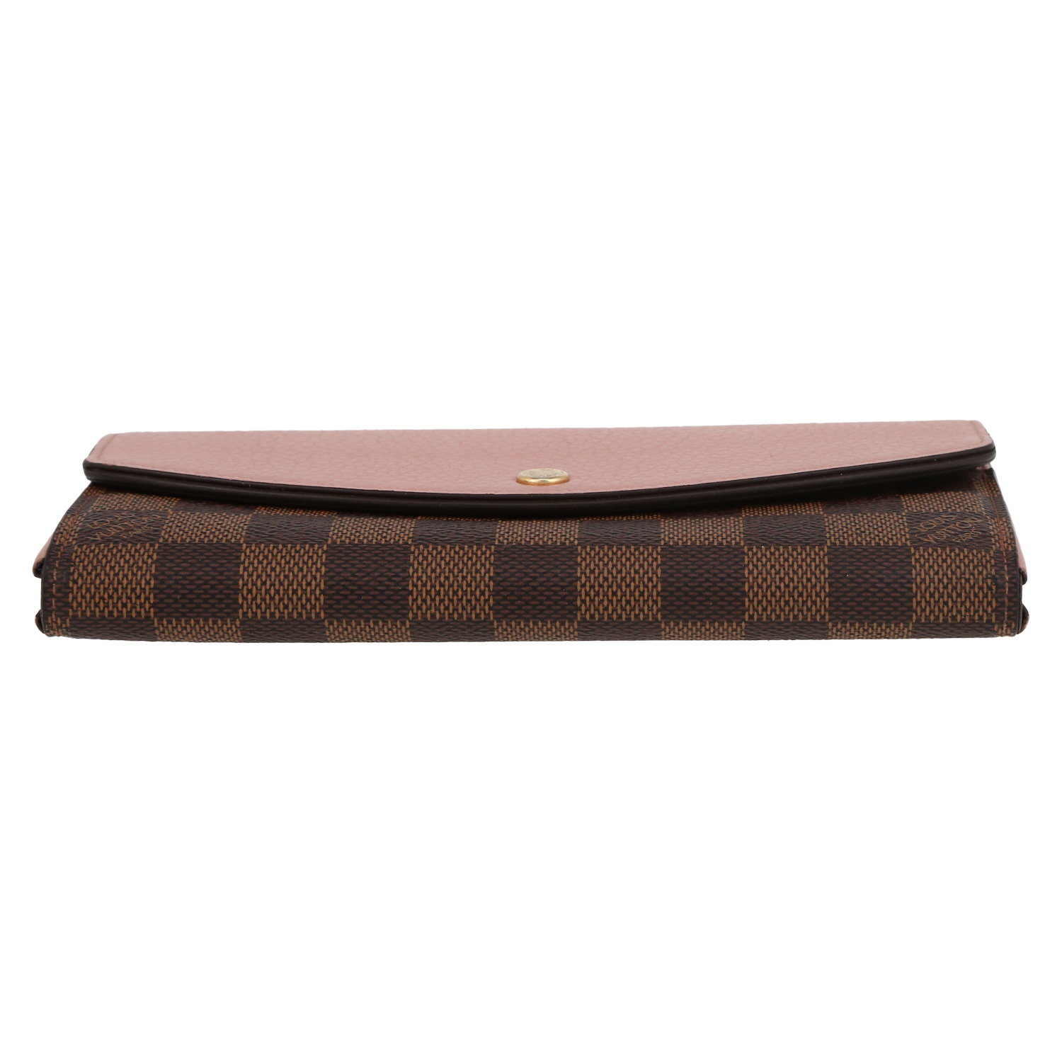 Portefeuille long Louis Vuitton  Normandy en toile damier enduite marron et cuir rose - Detail D1