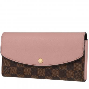 Portefeuille long Louis Vuitton  Normandy en toile damier enduite marron et cuir rose