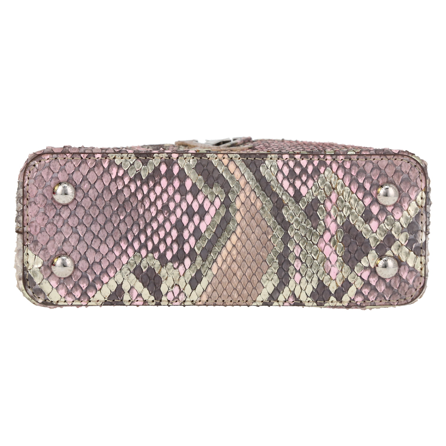 Sac bandoulière Louis Vuitton  Capucines Mini en python tricolore rose beige et gris - Detail D1