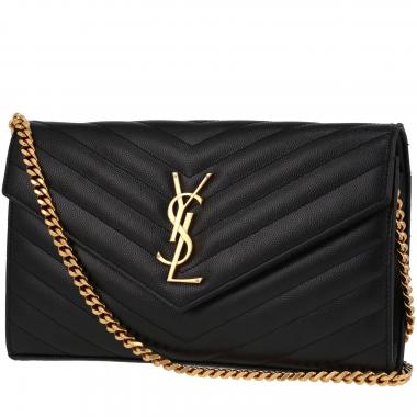 Sac bandoulière Saint Laurent  Wallet on Chain en cuir grainé matelassé noir