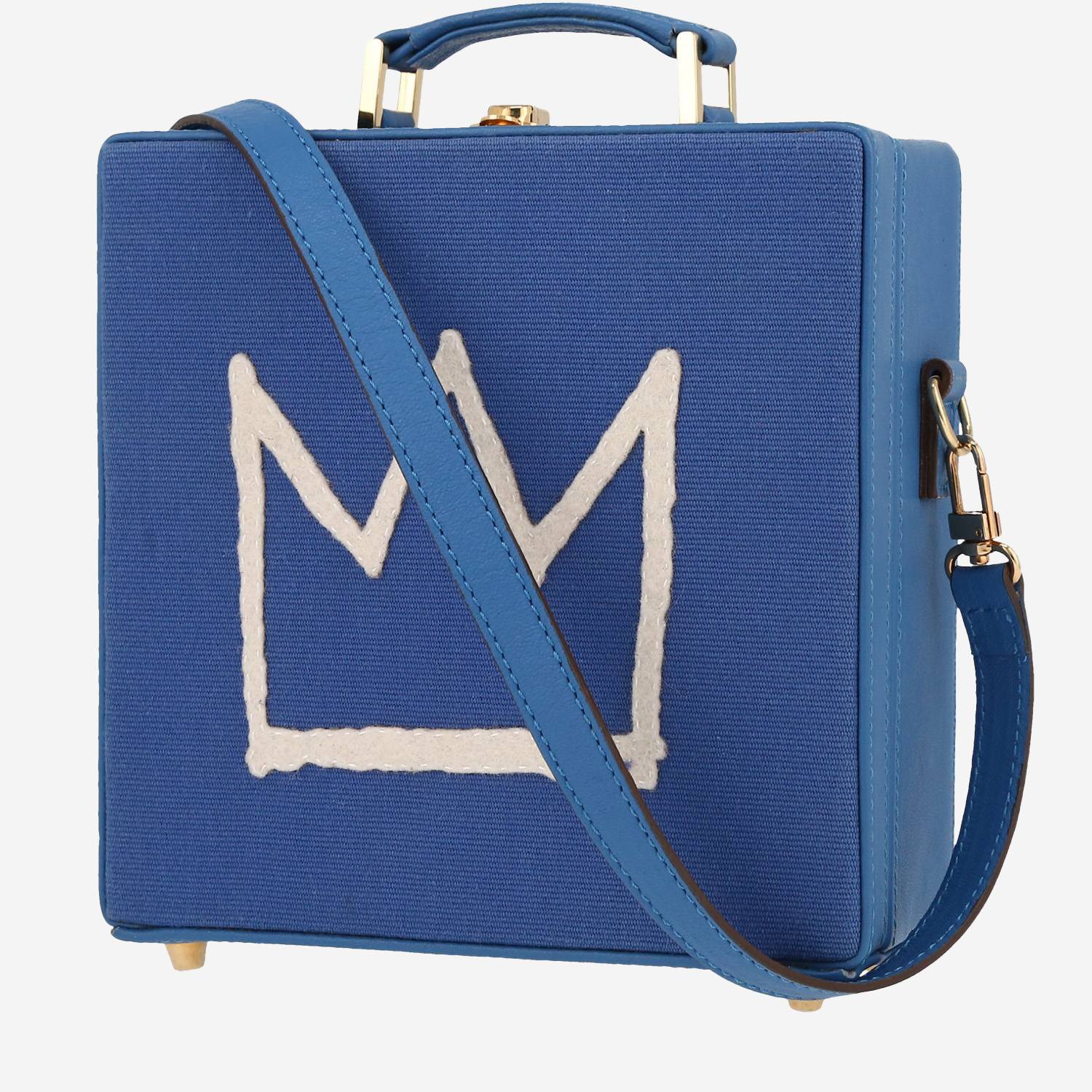 Sac bandoulière Olympia Le-Tan Jean-Michel Basquiat Crown en toile bleue et cuir bleu