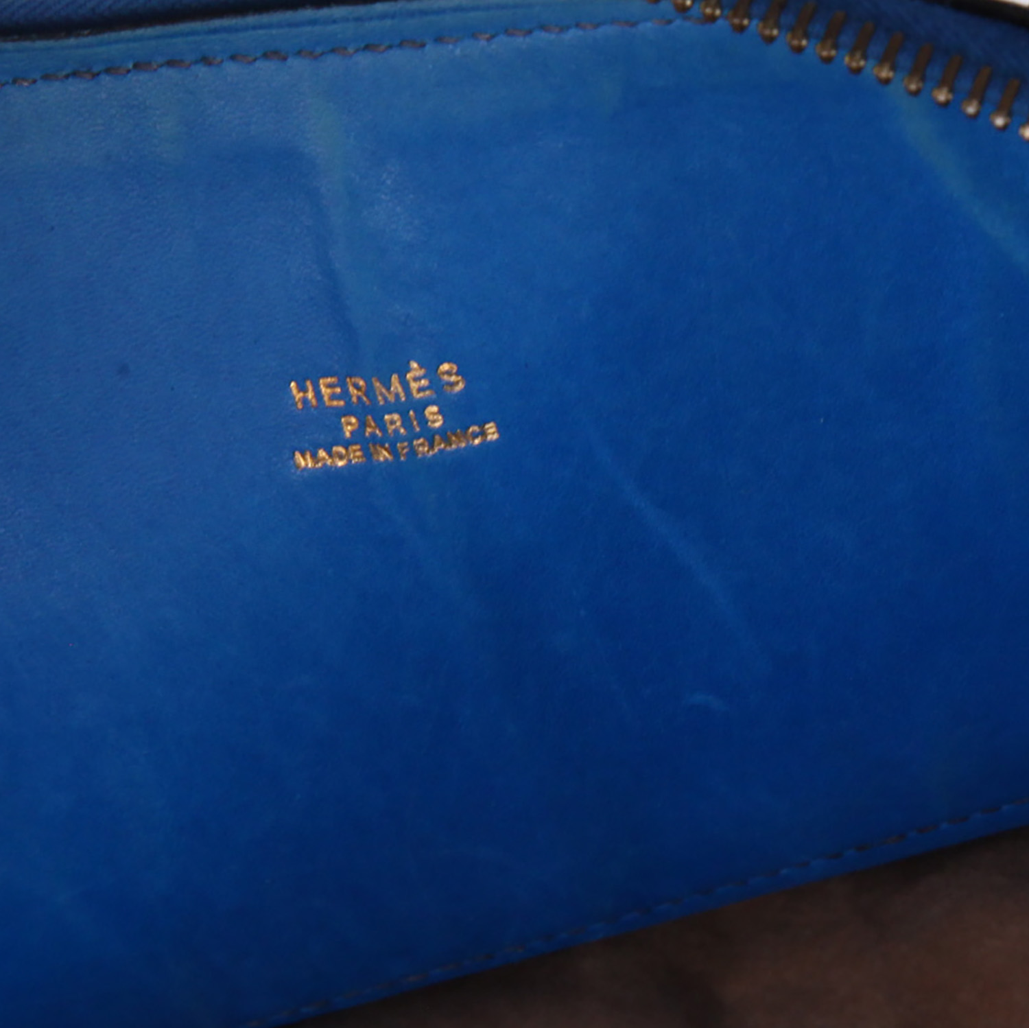 Borsa Hermès  Bolide in pelle Courchevel blu reale e pelle Courchevel marrone - Detail D2