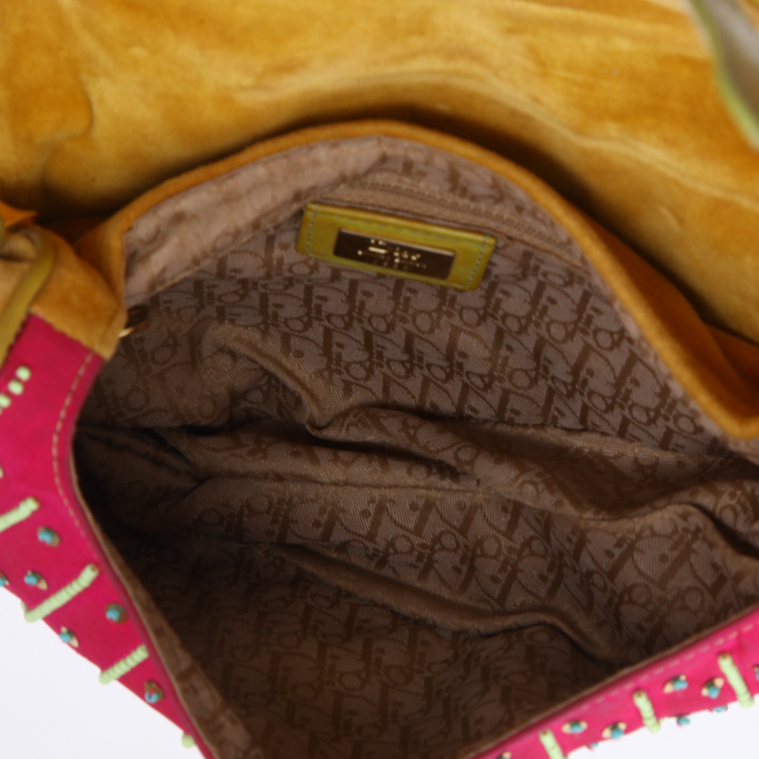 Borsa Dior  Saddle in tela rosa e velluto giallo - Detail D3