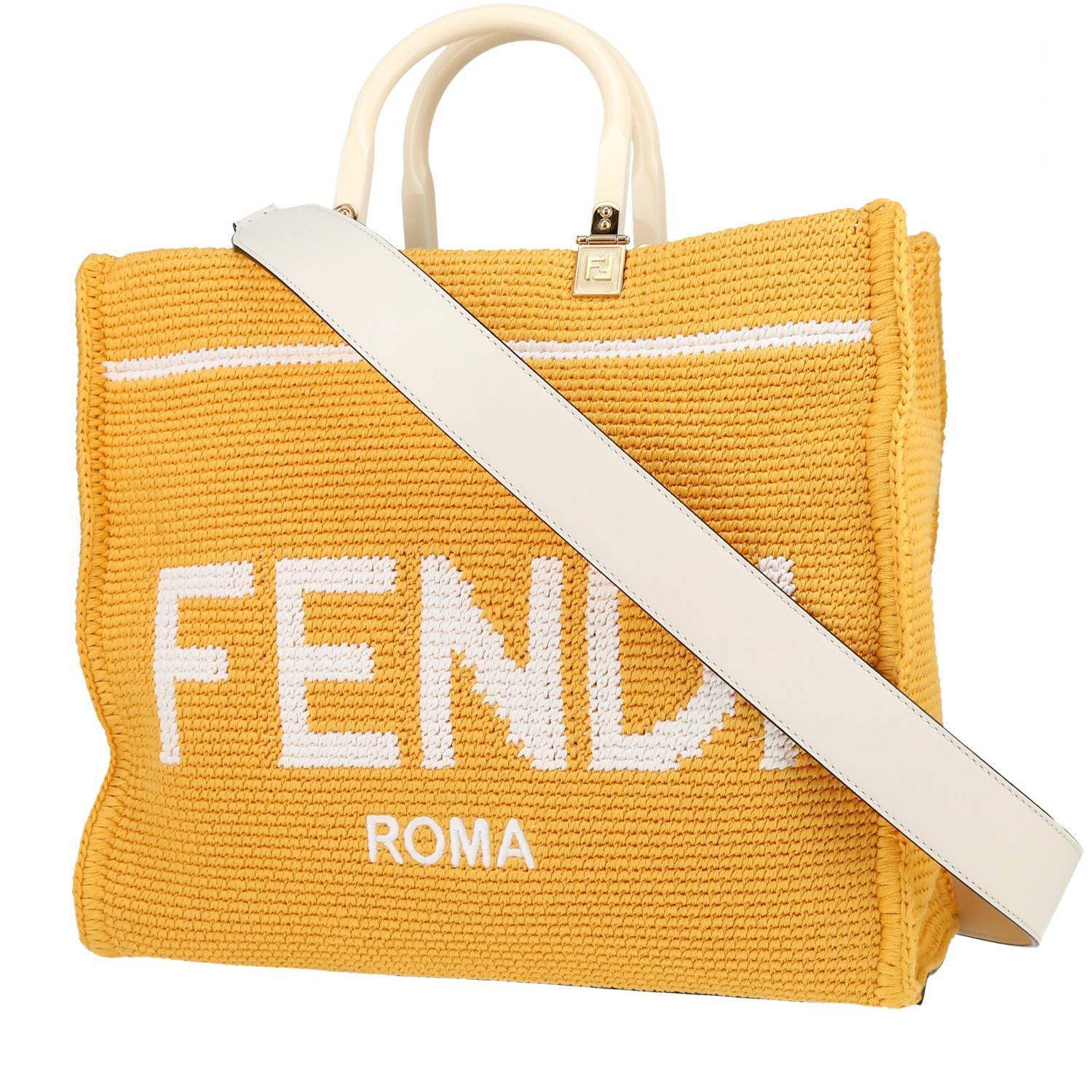 Fendi Sunshine shopping bag in yellow and white canvas and white leather