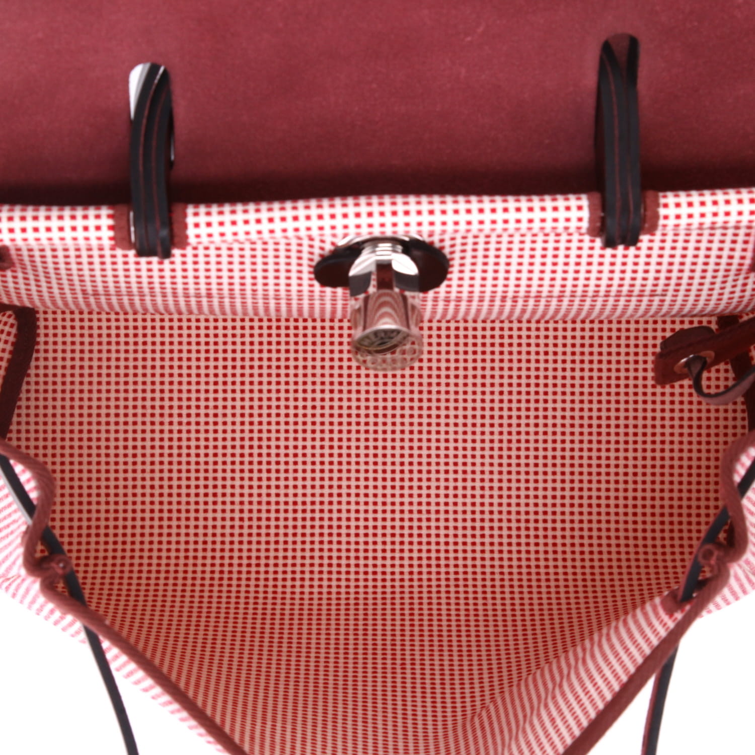Sac porté épaule ou main Hermès Herbag viking Quadrille en toile bicolore rose et blanche et vache Hunter bordeaux - Detail D3