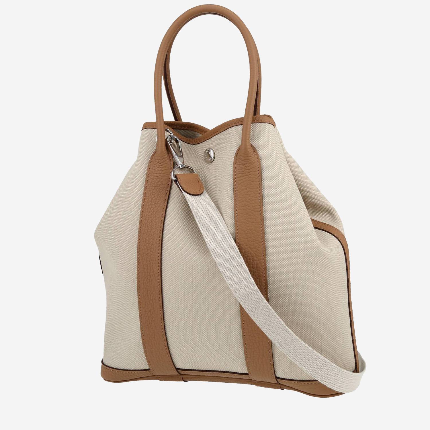 Sac cabas Hermès   en toile Gris-Béton et cuir taurillon clémence Biscuit