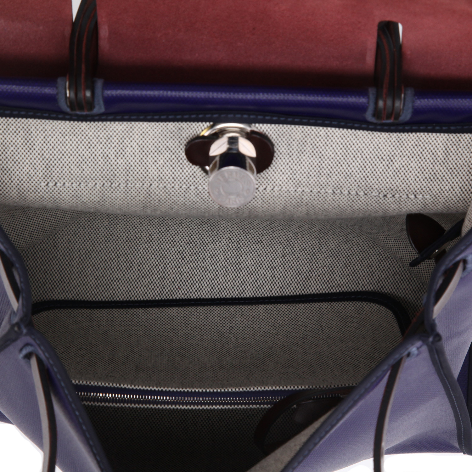 Borsa da spalla o a mano Hermès  Herbag in tela cerata Bleu Encre e pelle Rouge Sellier - Detail D3