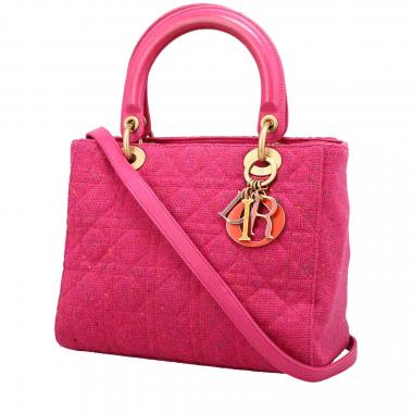 Borsa Dior  Lady Dior modello medio  in tessuto di lana rosa fucsia e pelle rosa