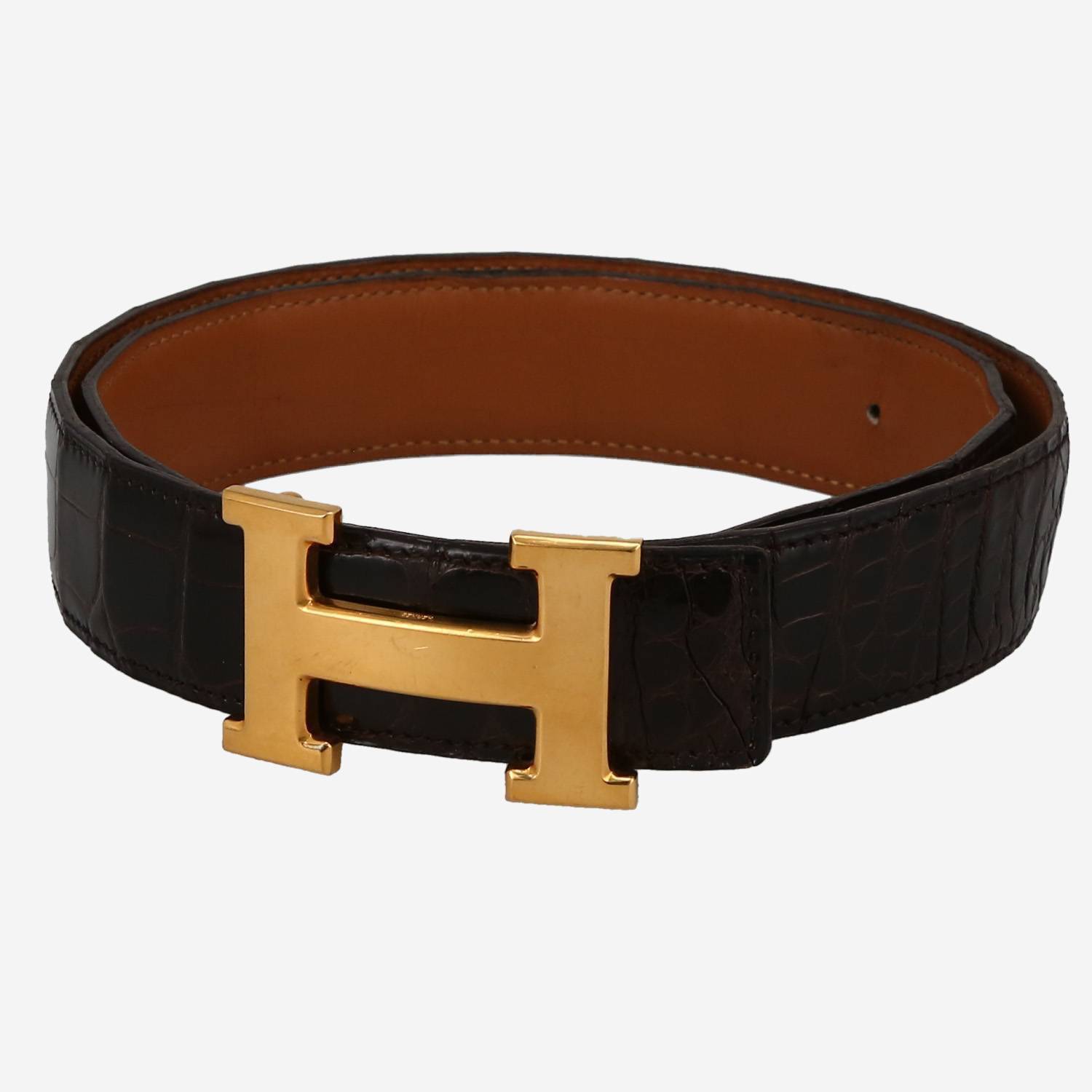 Cinturón Hermès  Ceinture en aligátor marrón y cuero color oro