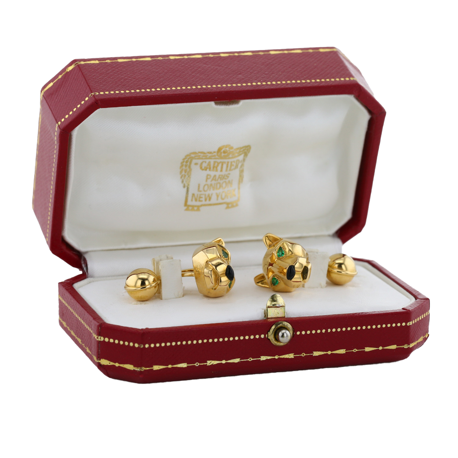 Paire de boutons de manchette Cartier Panthère en or jaune, onyx et émeraudes - Detail D2