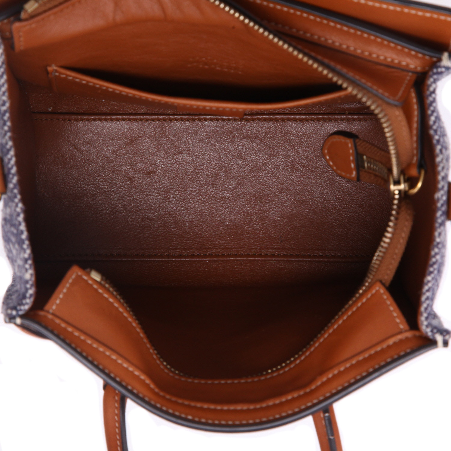 Borsa a tracolla Celine  Luggage Nano in pelle gold e tela denim - Detail D3