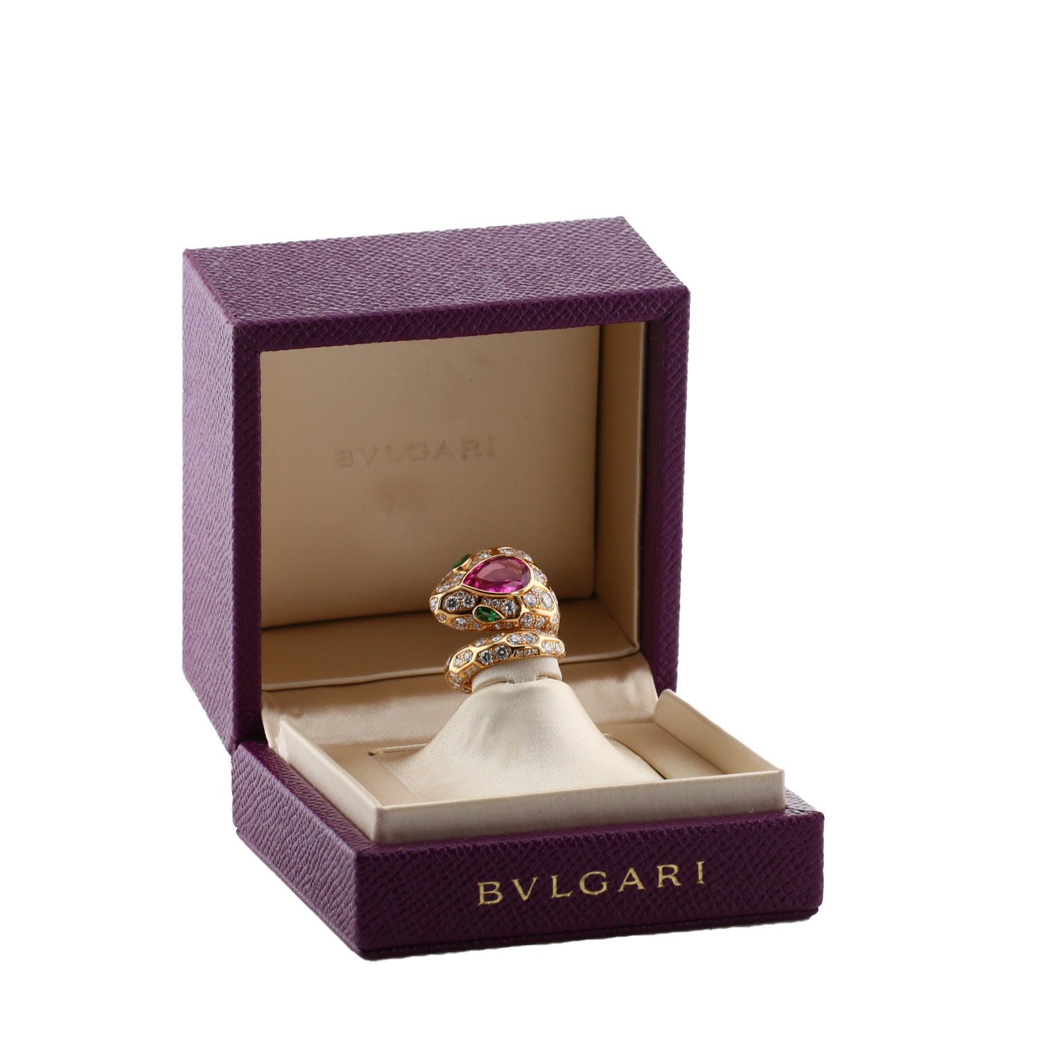 Anello Bulgari Serpenti in oro rosa, tormalina rosa, smeraldo e diamanti - Detail D2