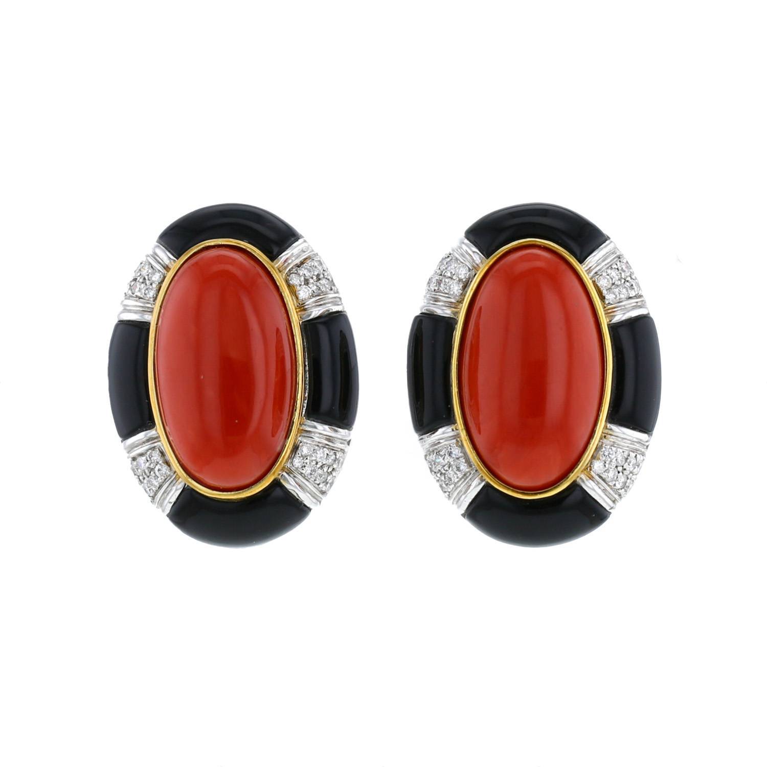 Pendientes con clip Vintage  de oro blanco, ónix y coral